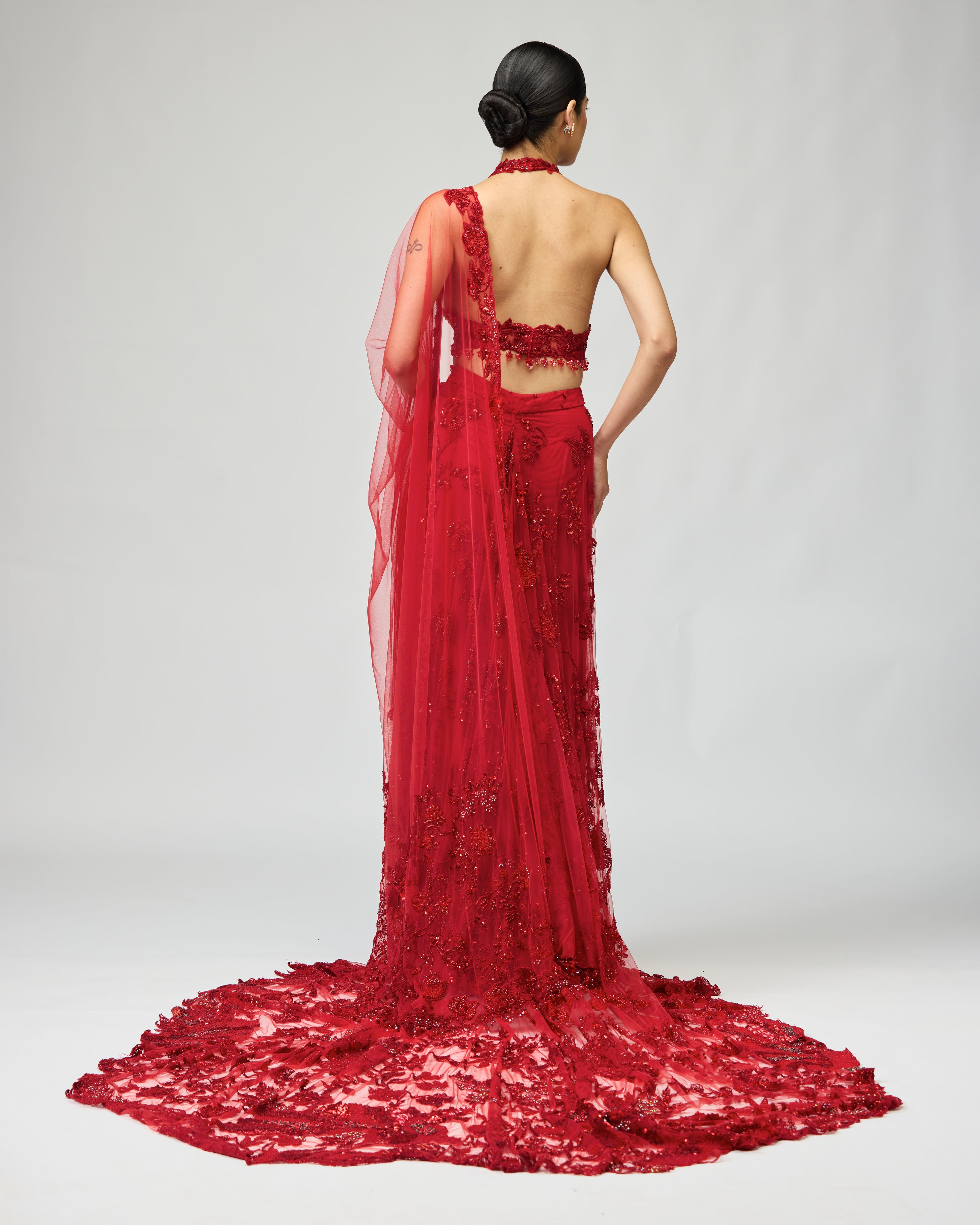 RED EMBELLISHED SAREE SET