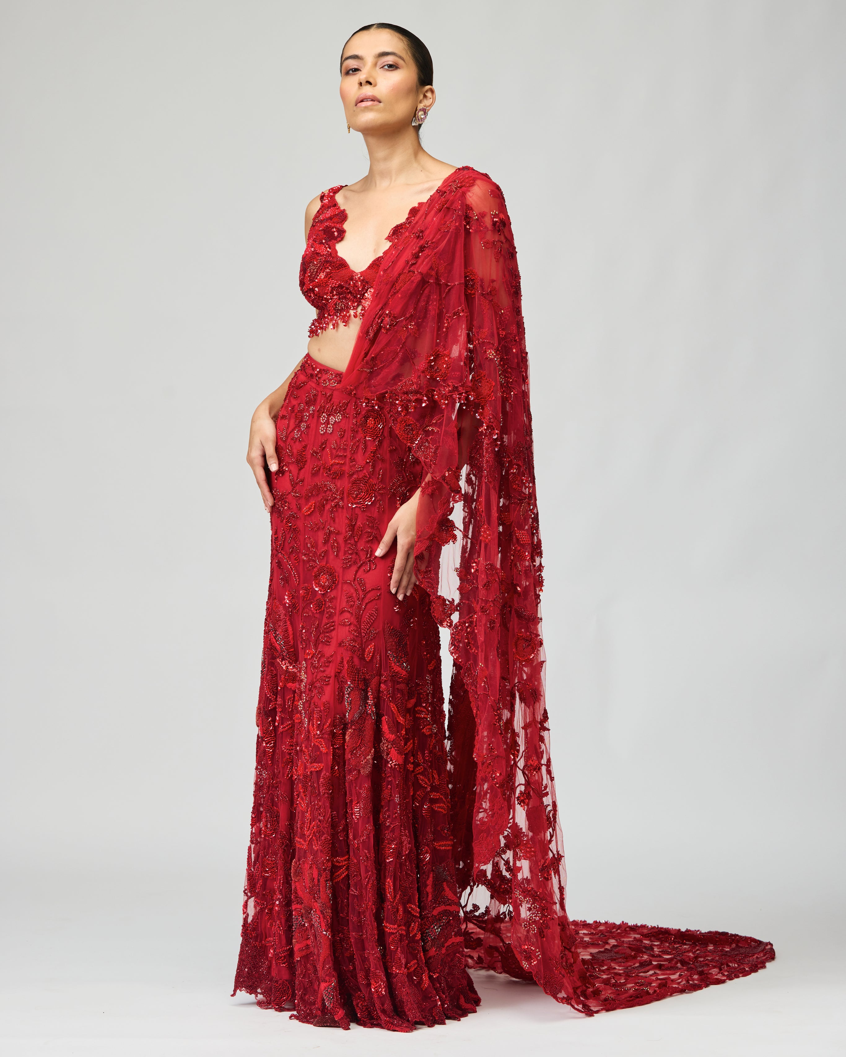 RED EMBROIDERED SAREE SET