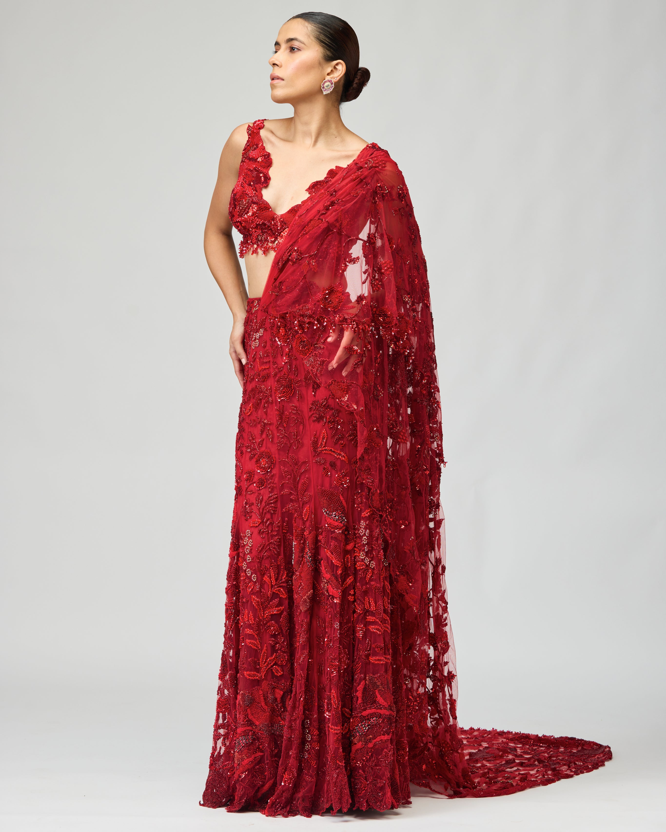 RED EMBROIDERED SAREE SET