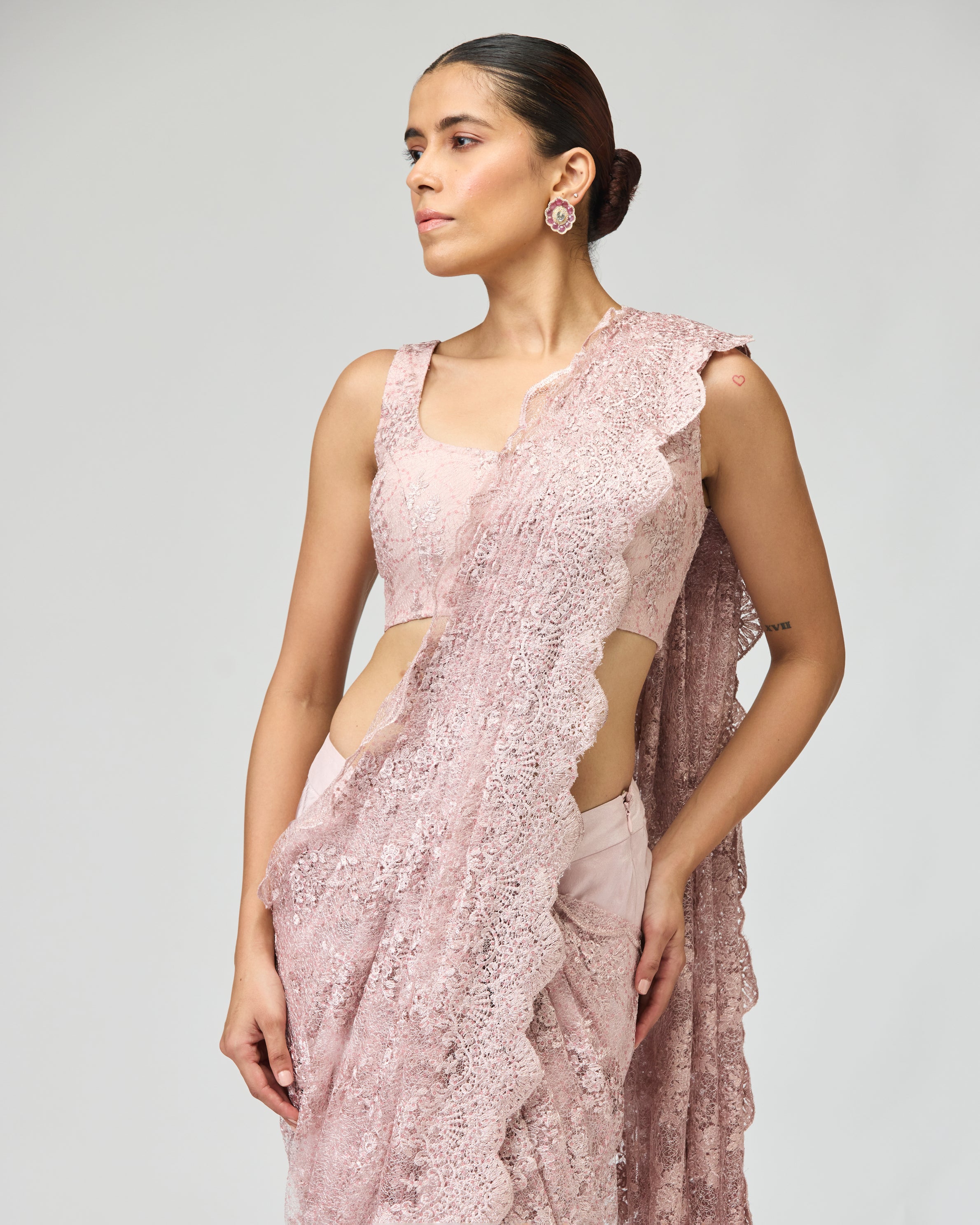 PINK SHEER EMBROIDERED SAREE SET