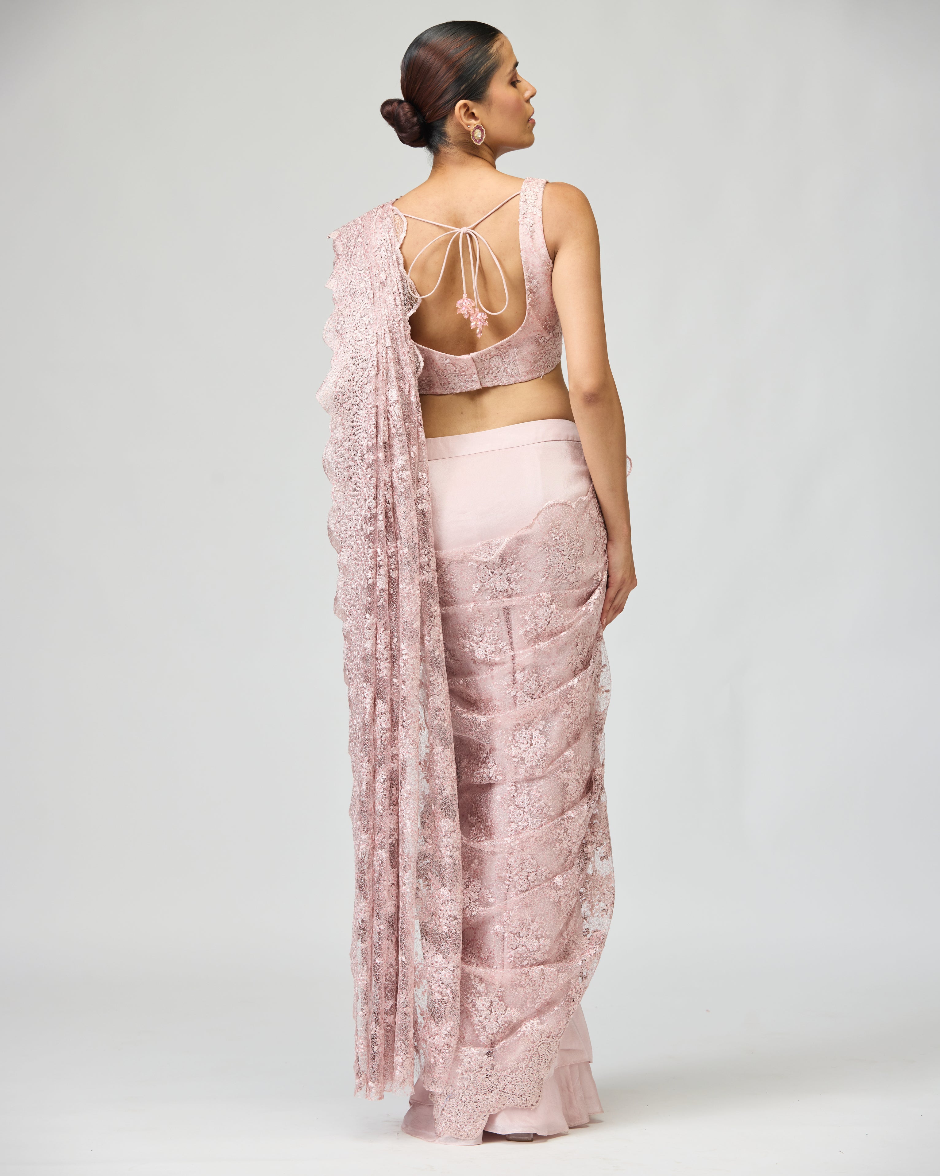 PINK SHEER EMBROIDERED SAREE SET