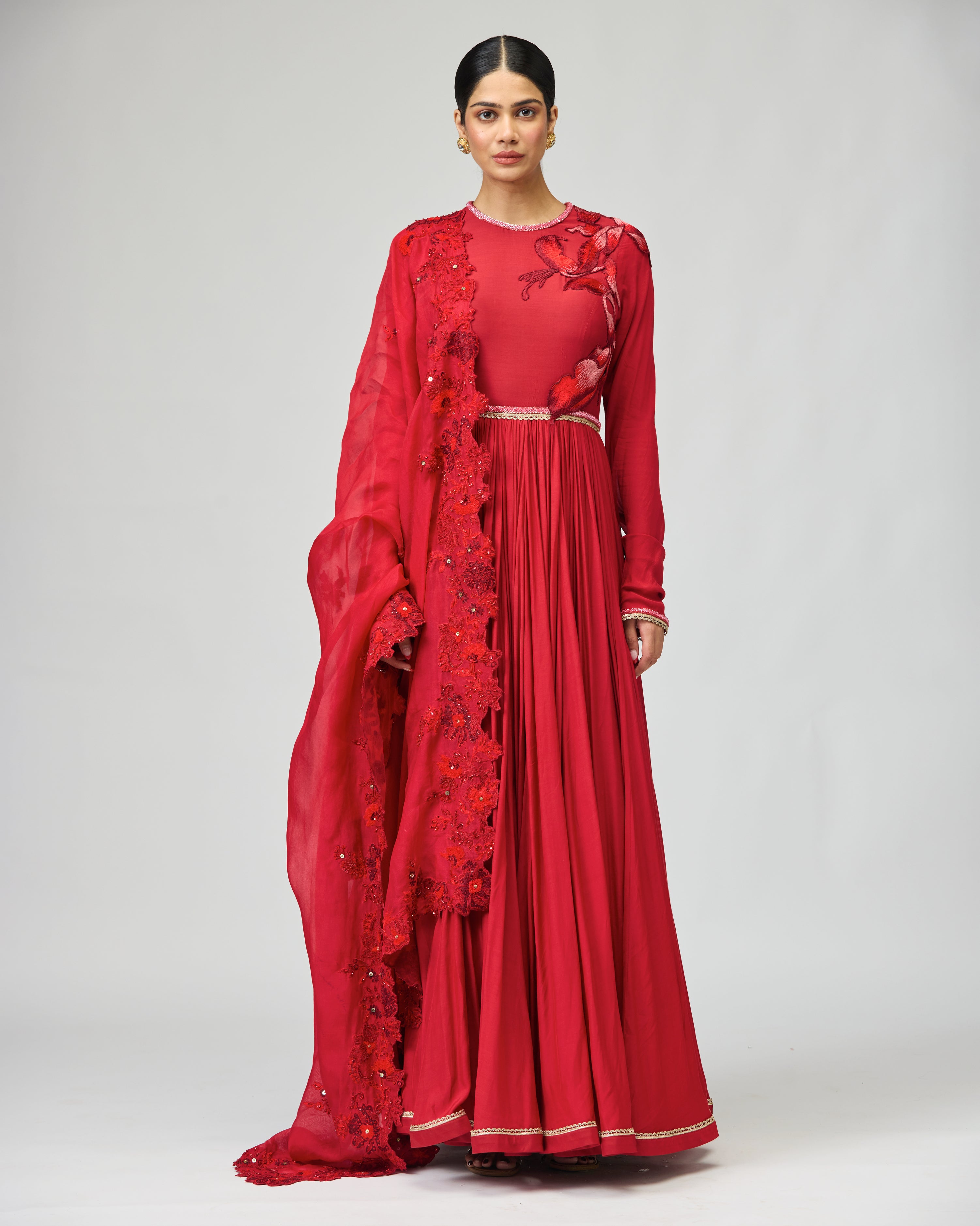 RED OPARA SILK ANARKALI SET