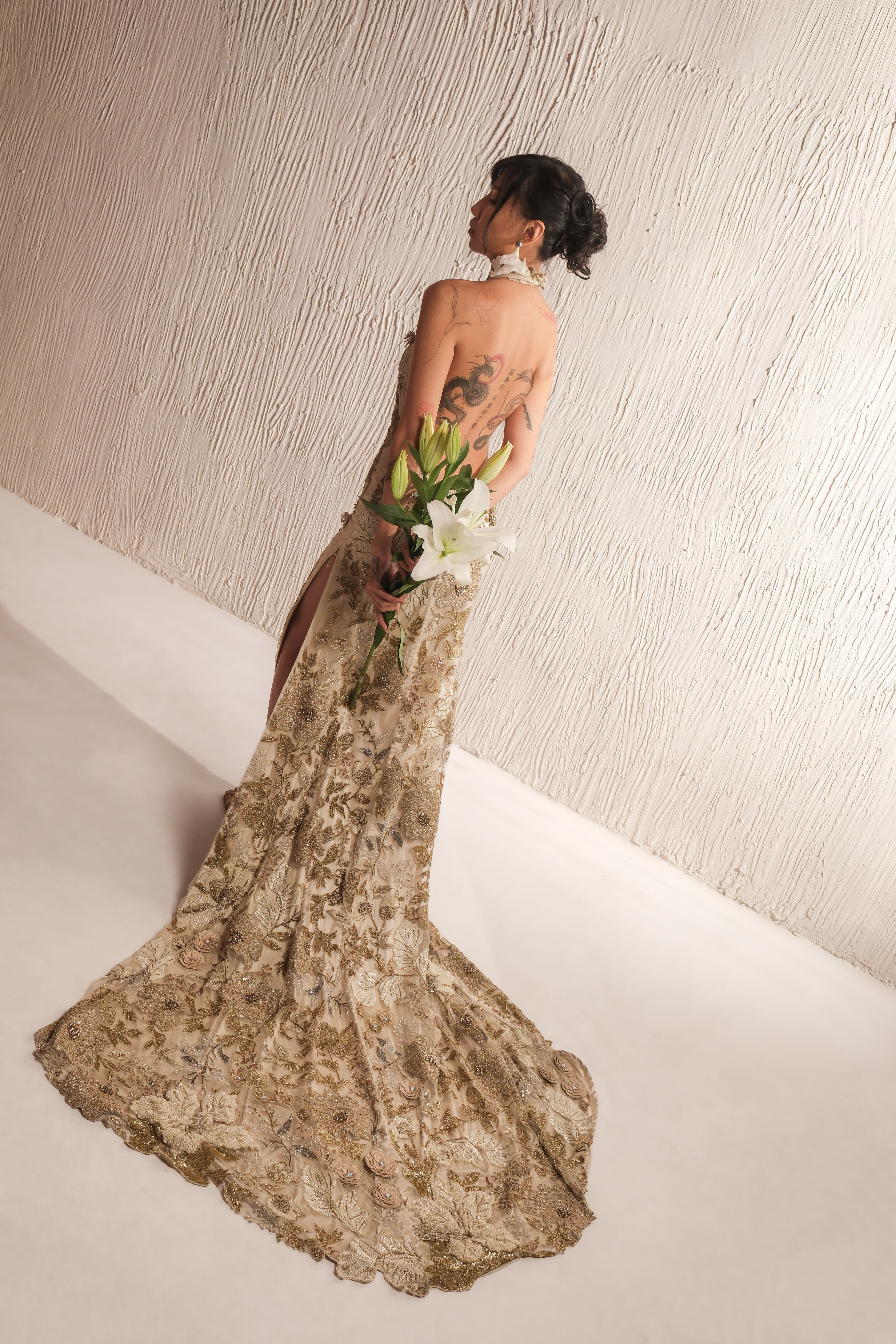 BEIGE MONO NET DRESS