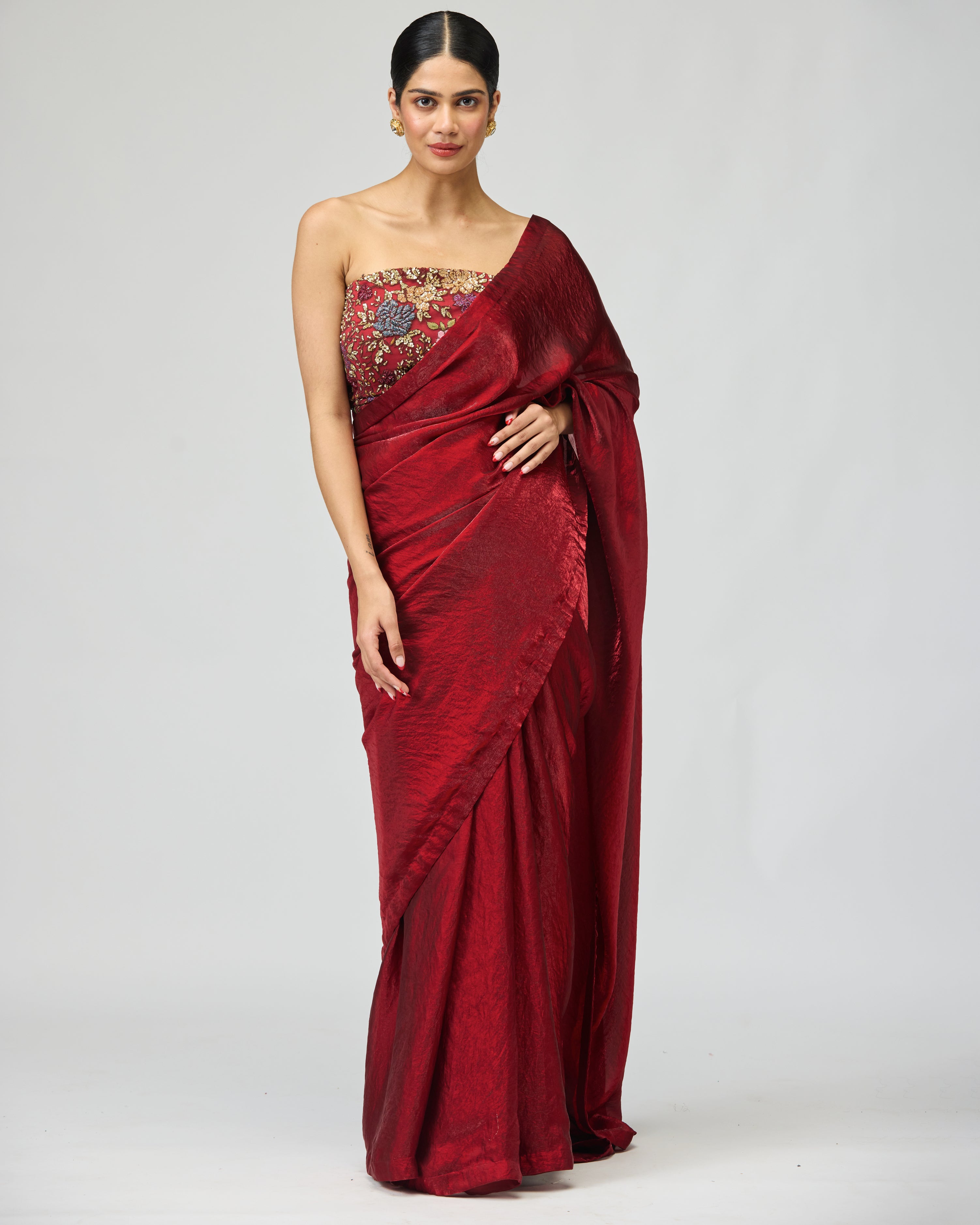 MAROON NET EMBROIDERED SAREE SET