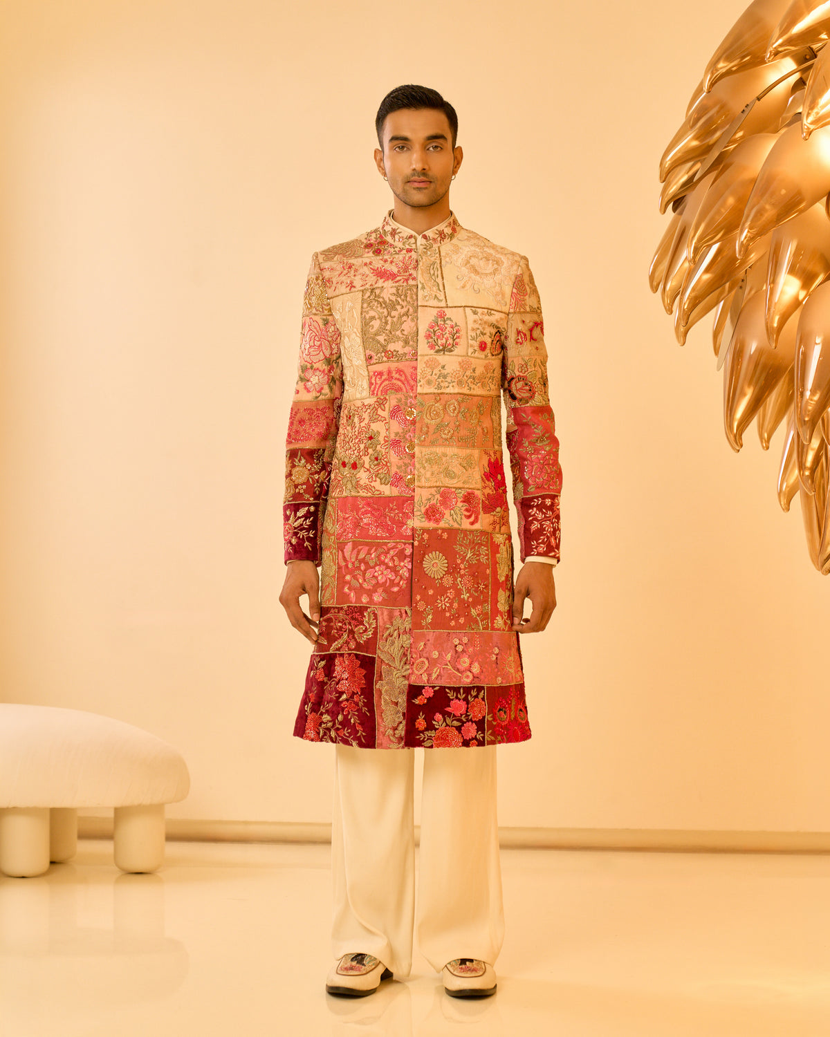 Red Ombre Multi Patchwork Sherwani Set