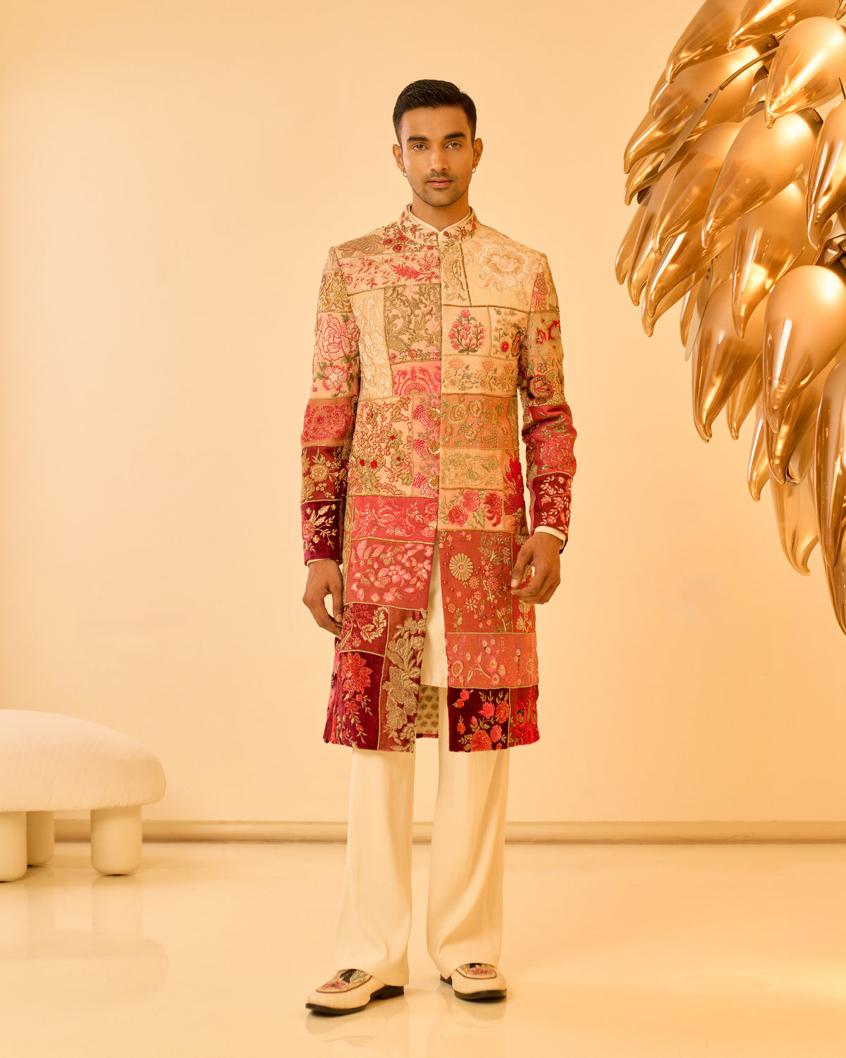 Red Ombre Multi Patchwork Sherwani Set