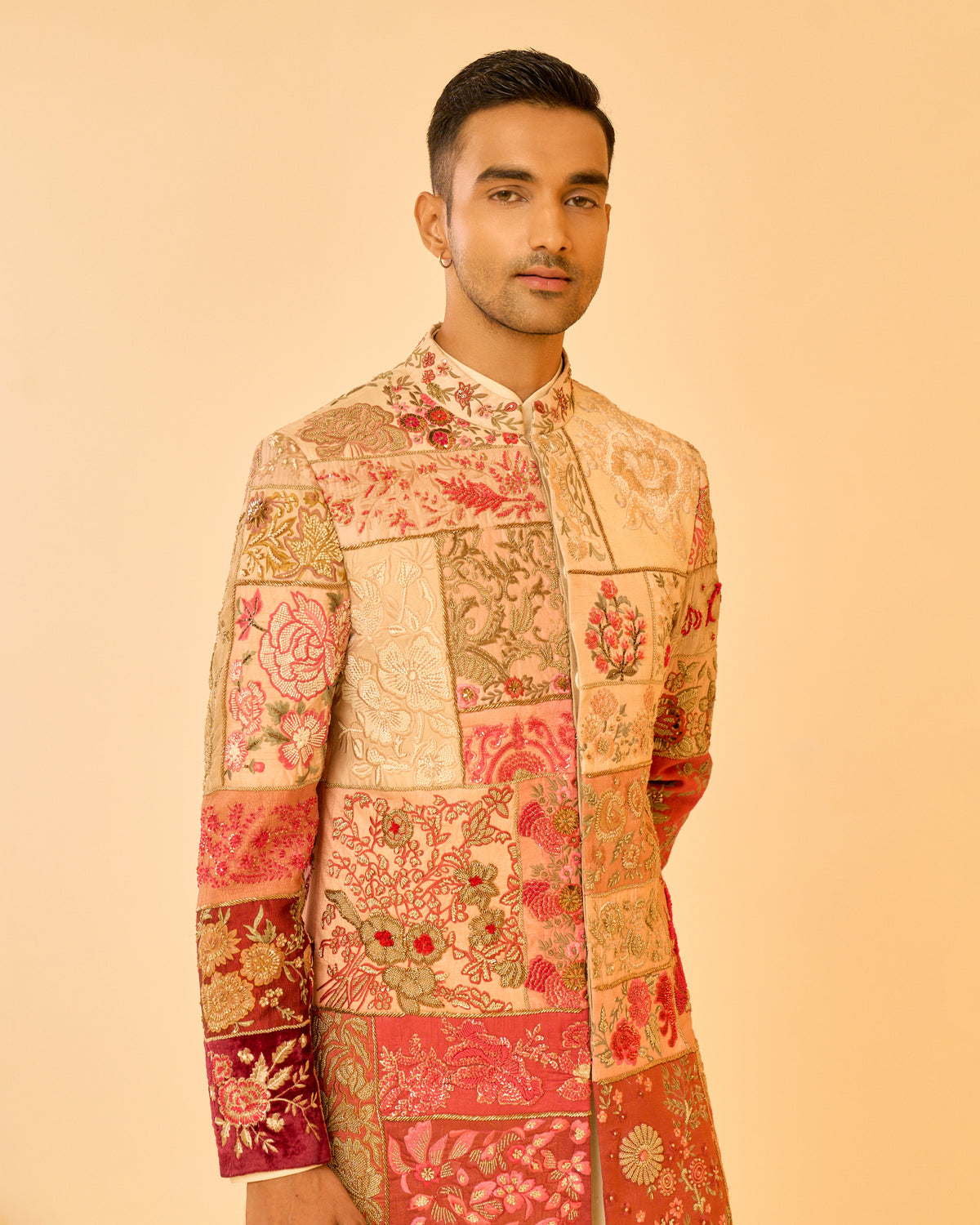 Red Ombre Multi Patchwork Sherwani Set