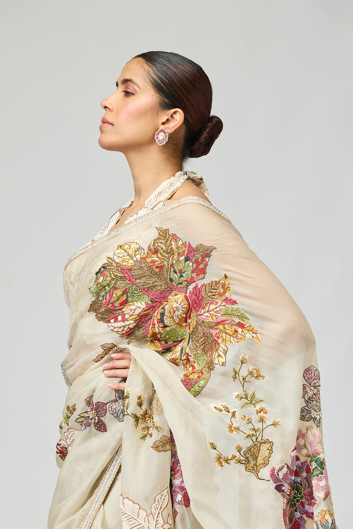 Ivory Botanical Saree Set