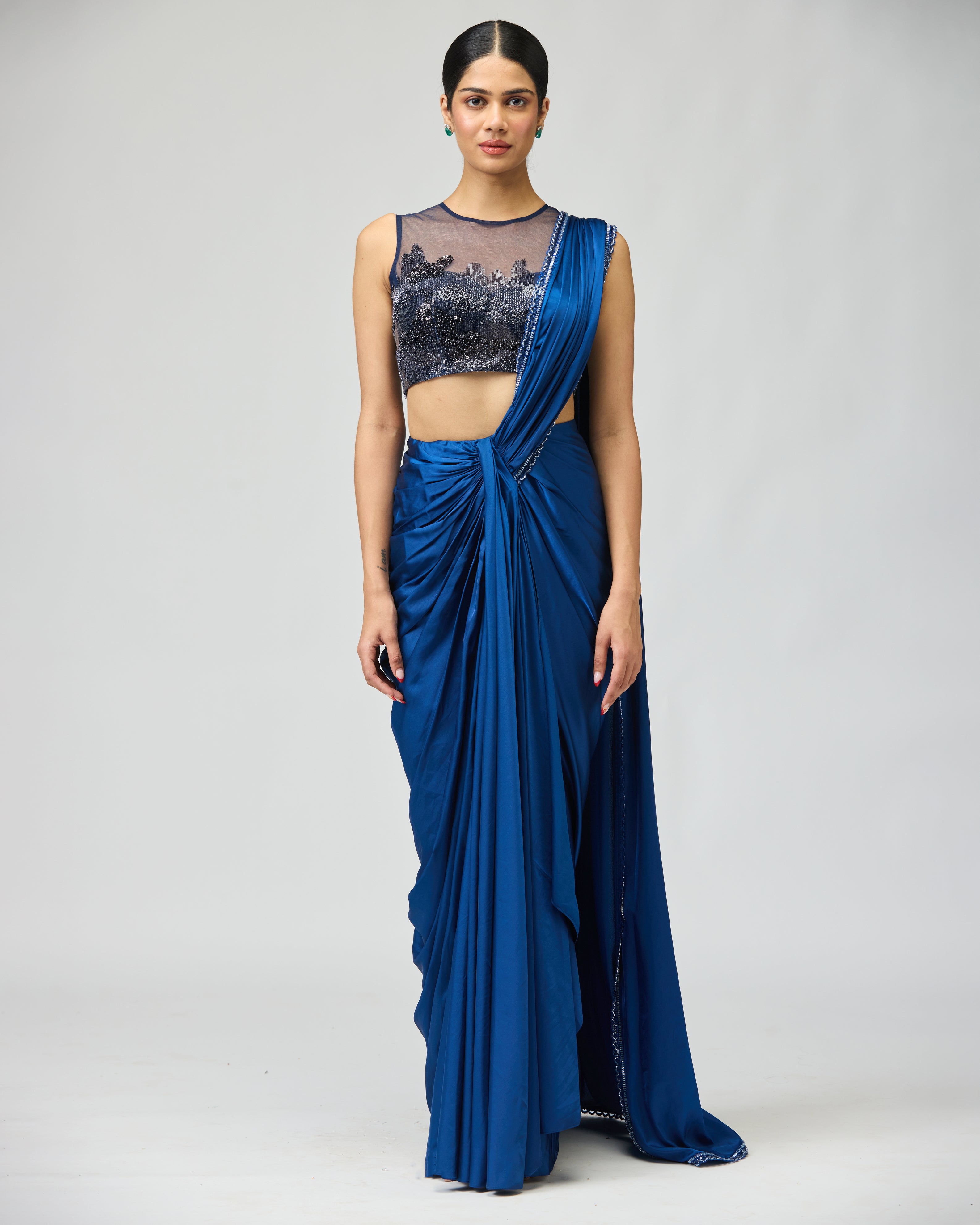 NAVY ARMANI SATIN SAREE SET