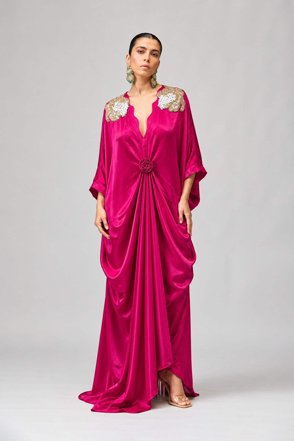 Rani Pink Applique Draped Kaftan