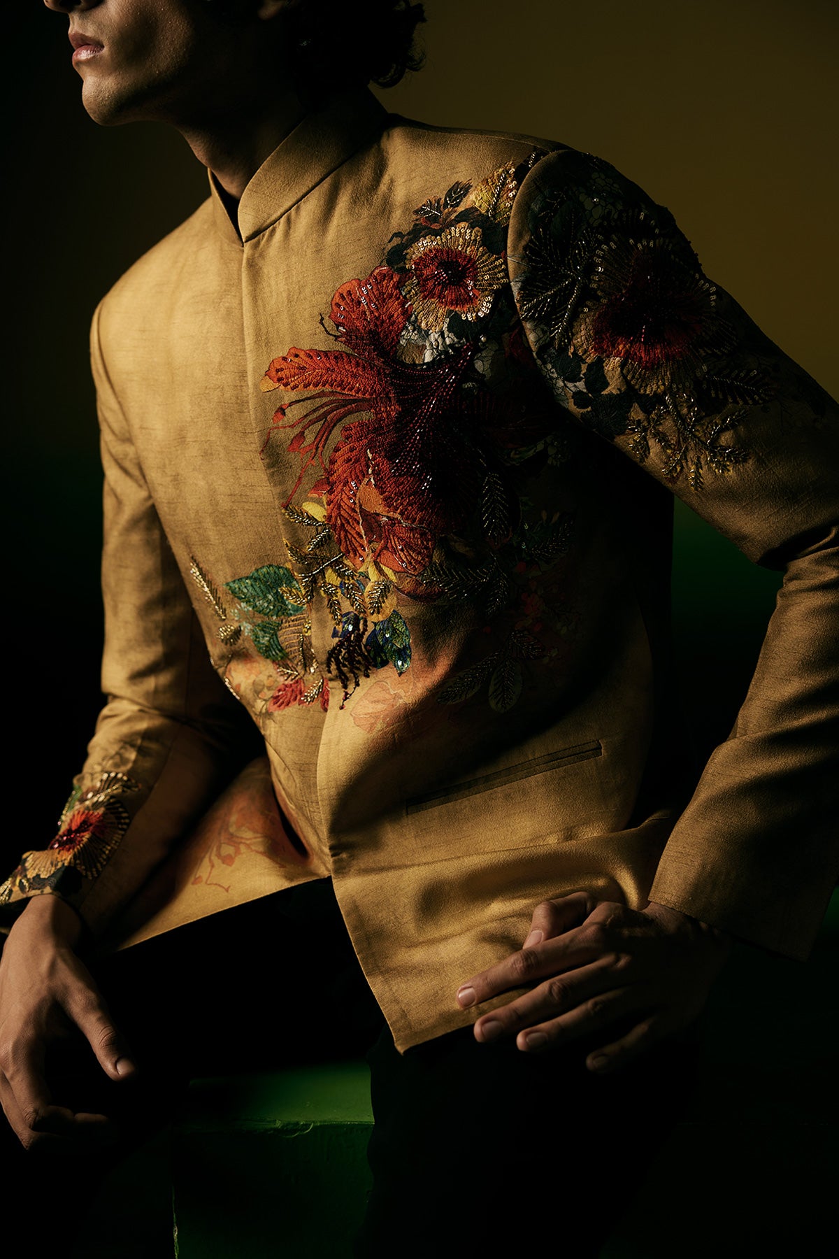 Beige Multicolor Printed Bandhgala
