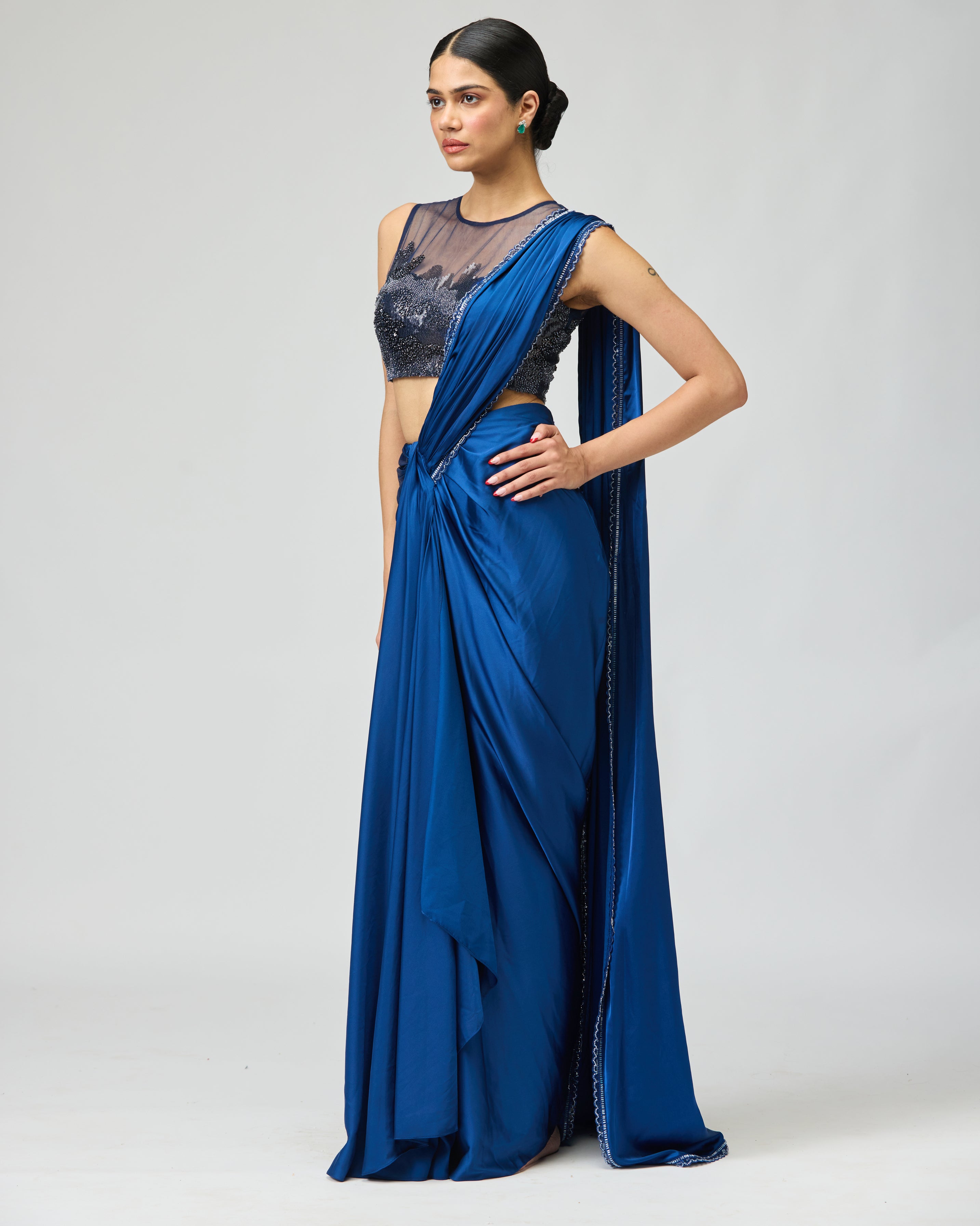 NAVY ARMANI SATIN SAREE SET