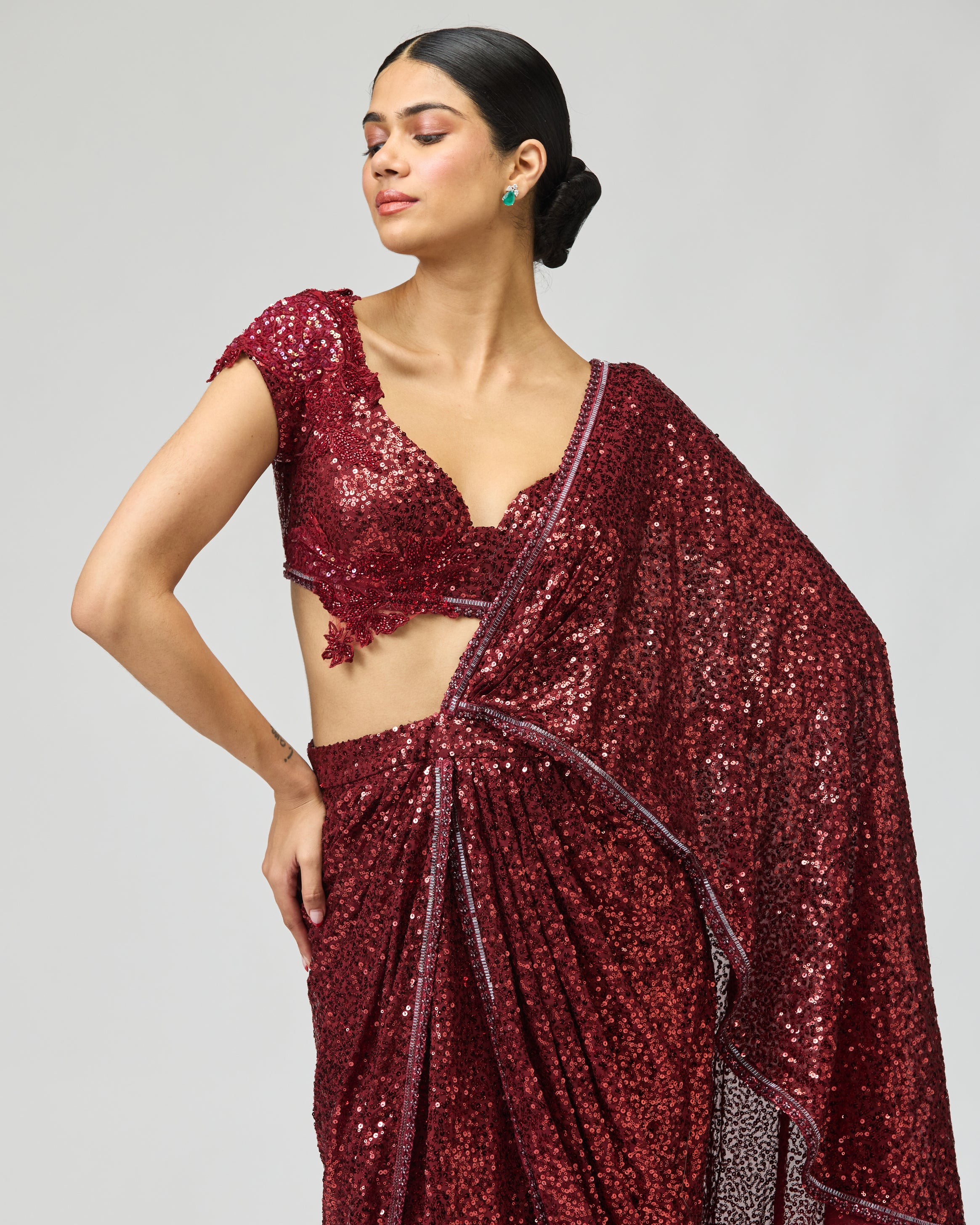 MAROON SEQUIN SAREE SET