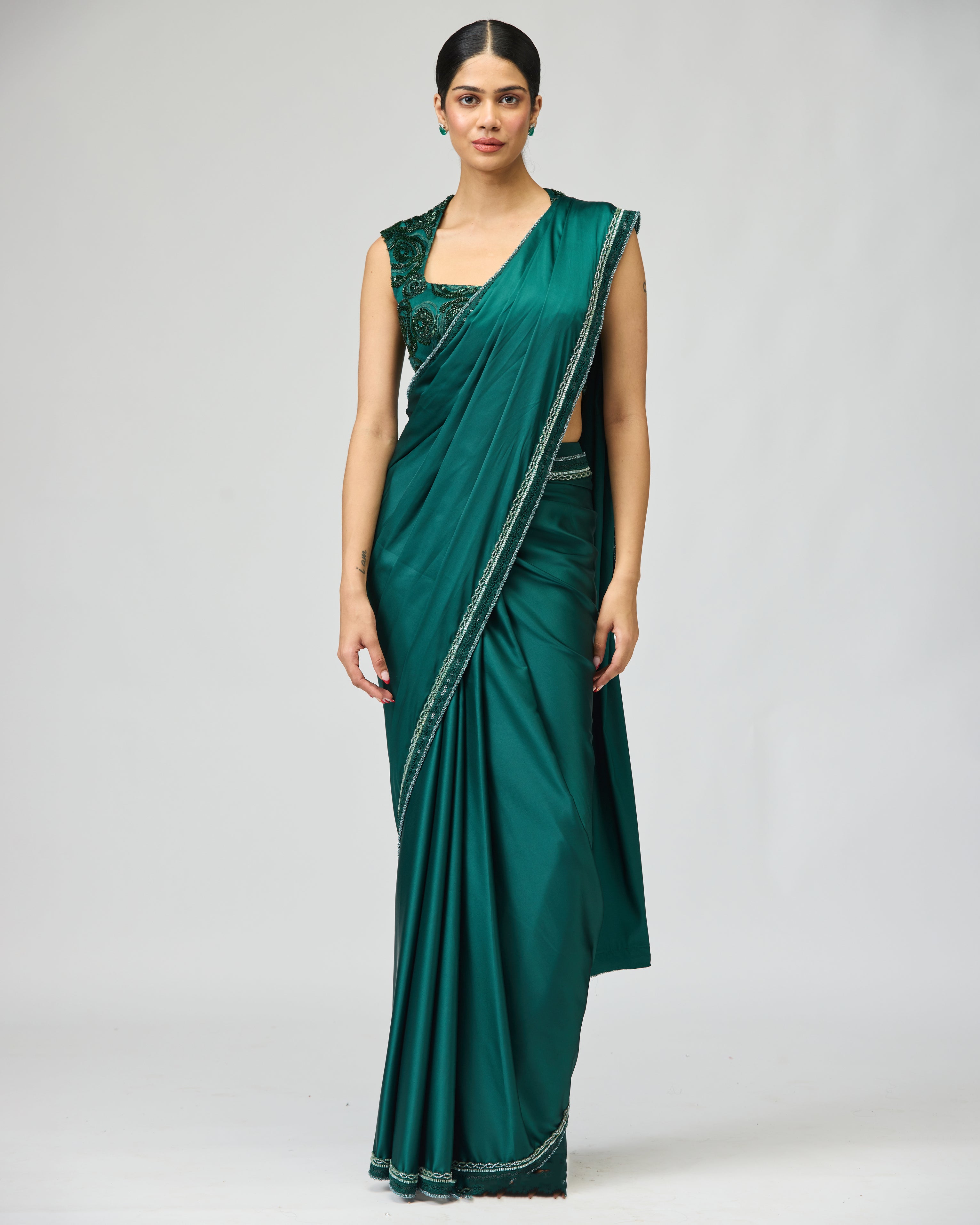 GREEN SATIN SAREE SET