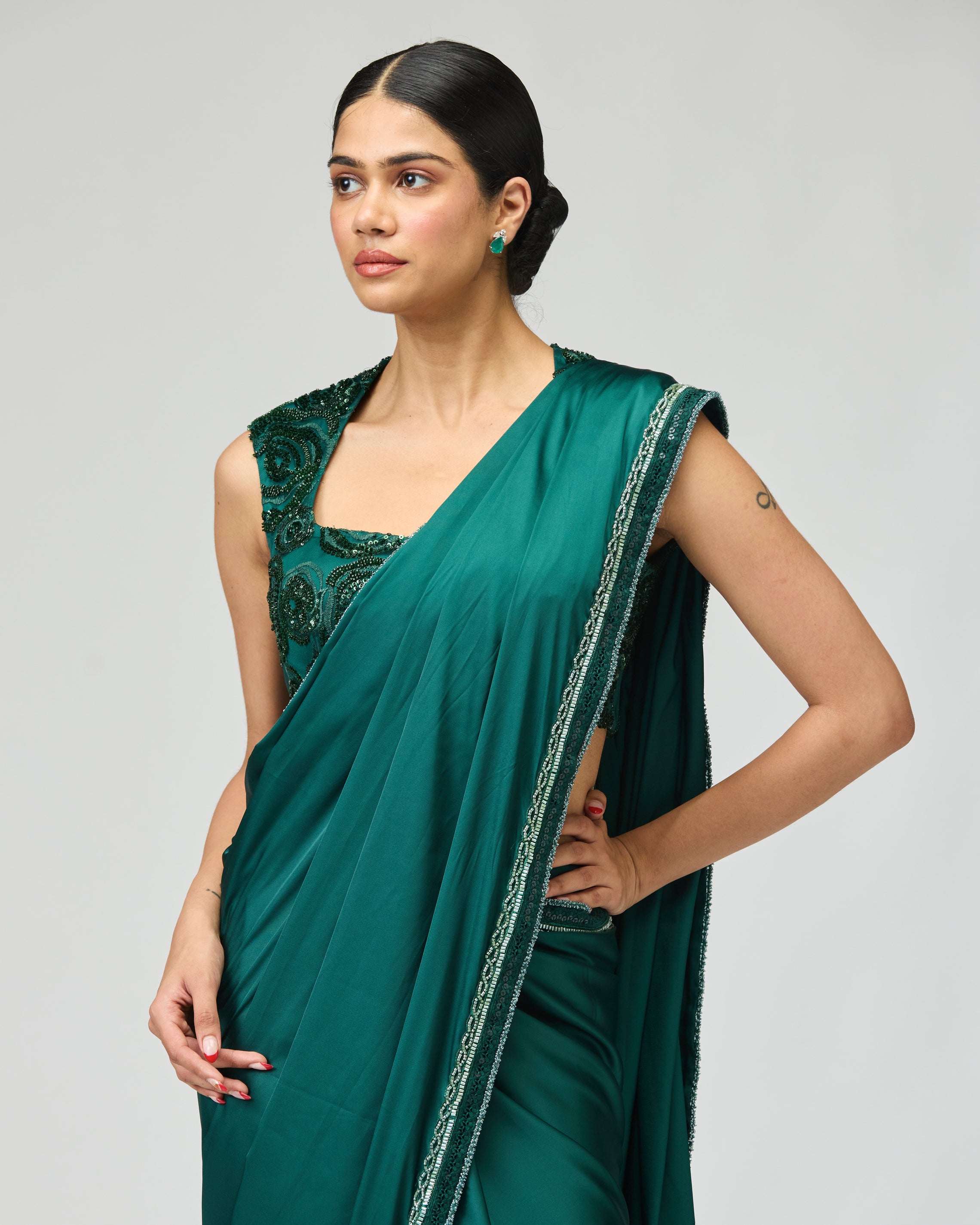 GREEN SATIN SAREE SET