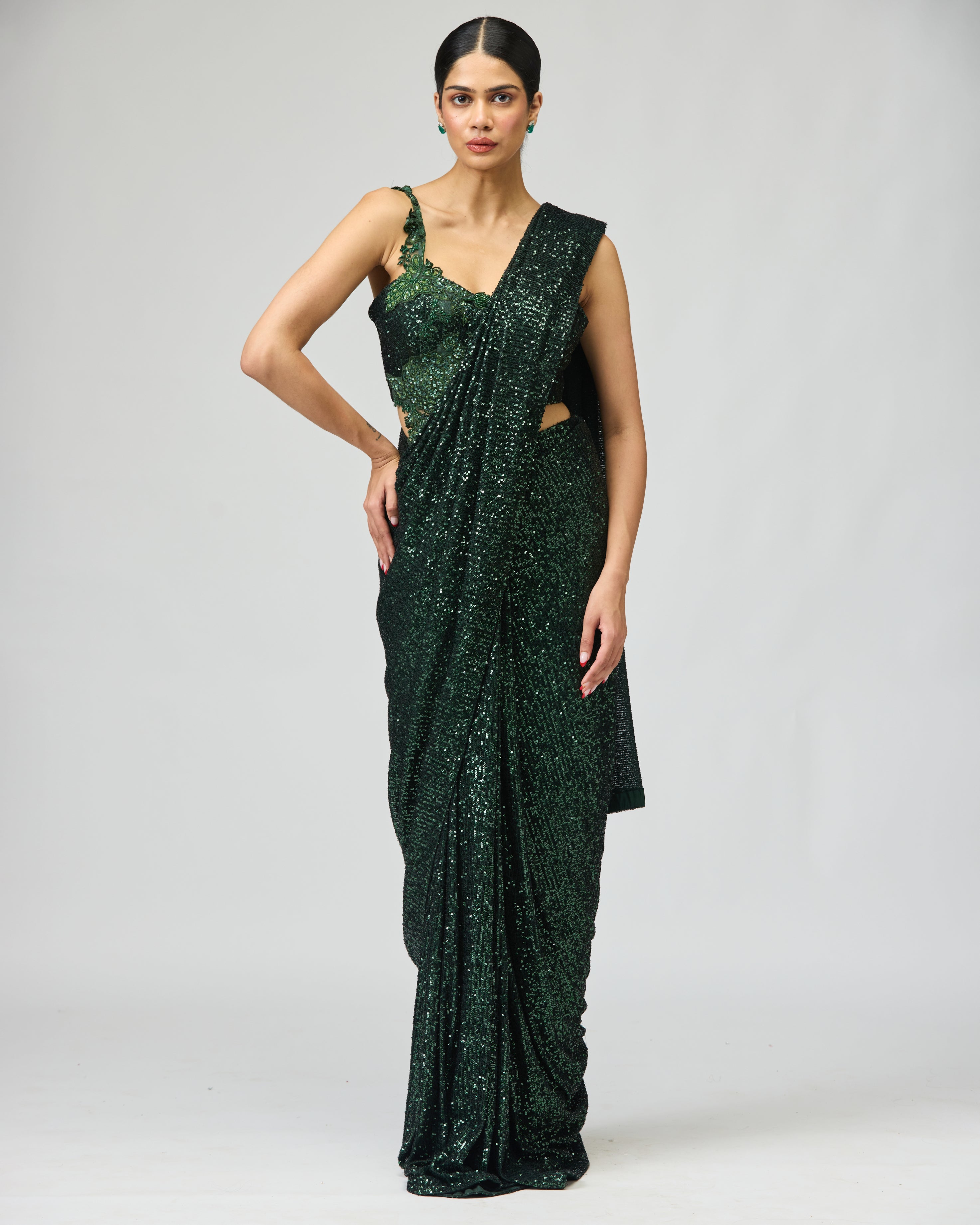DARK GREEN SEQUIN SAREE SET