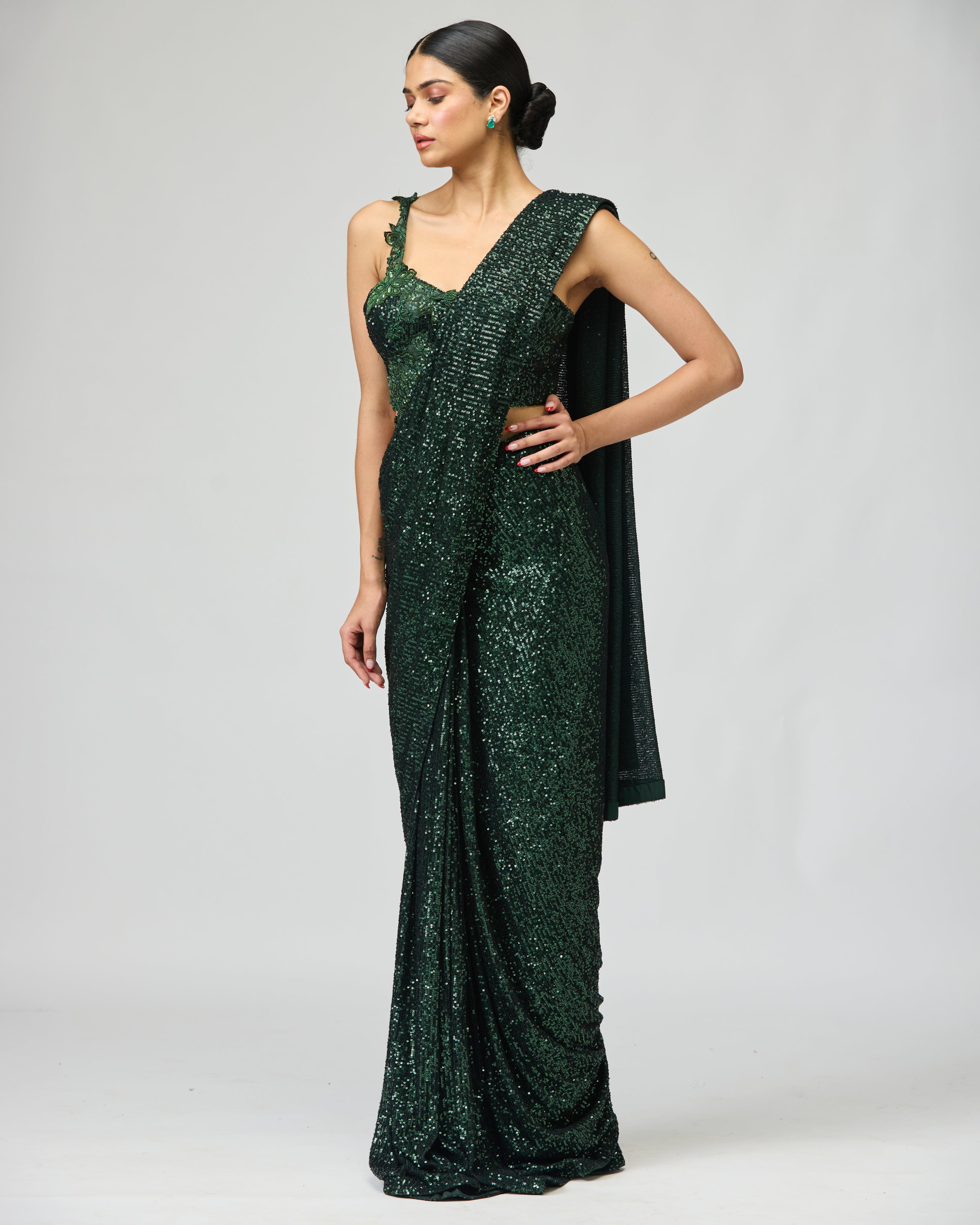 DARK GREEN SEQUIN SAREE SET