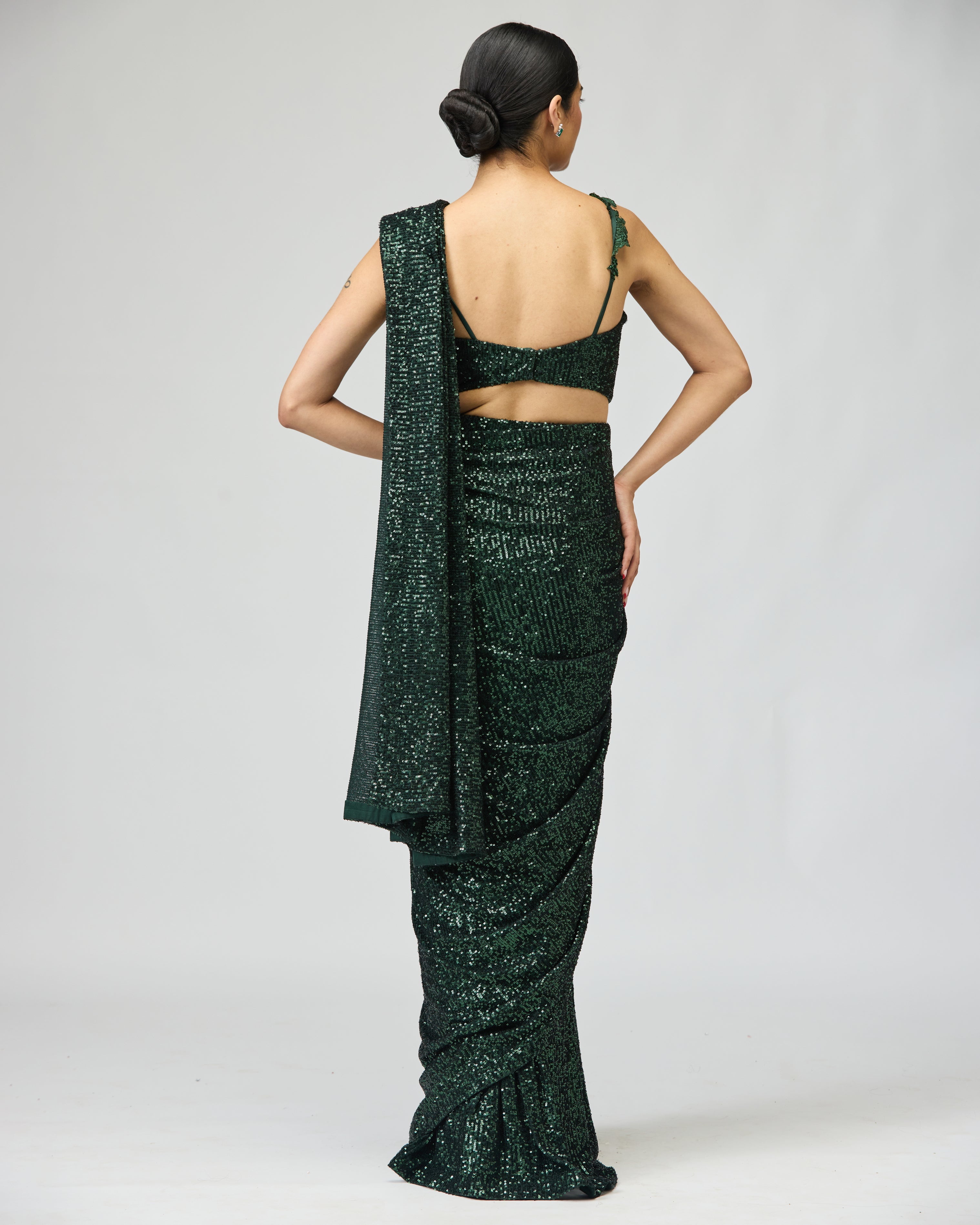 DARK GREEN SEQUIN SAREE SET