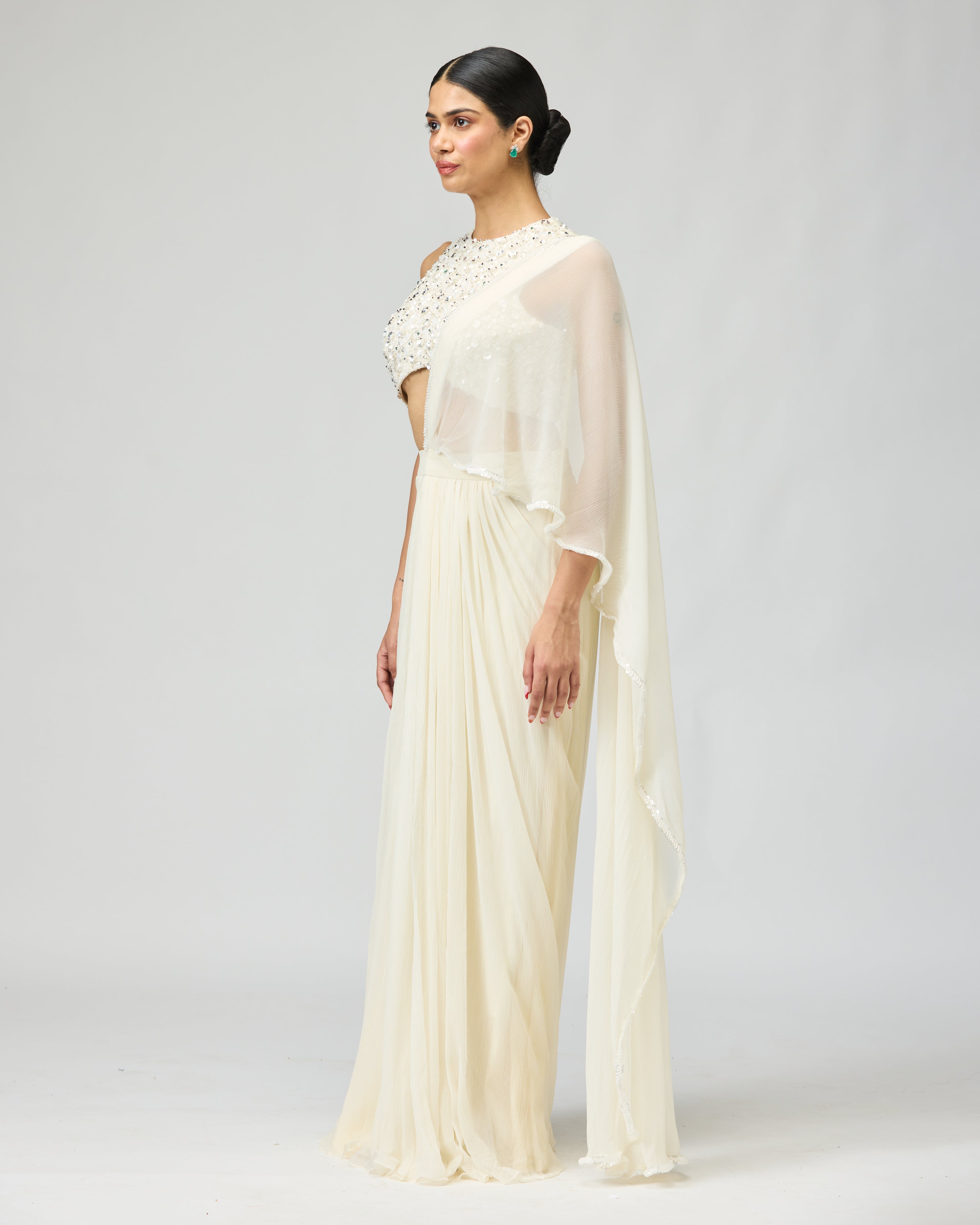 IVORY SILK CHIFFON SAREE SET