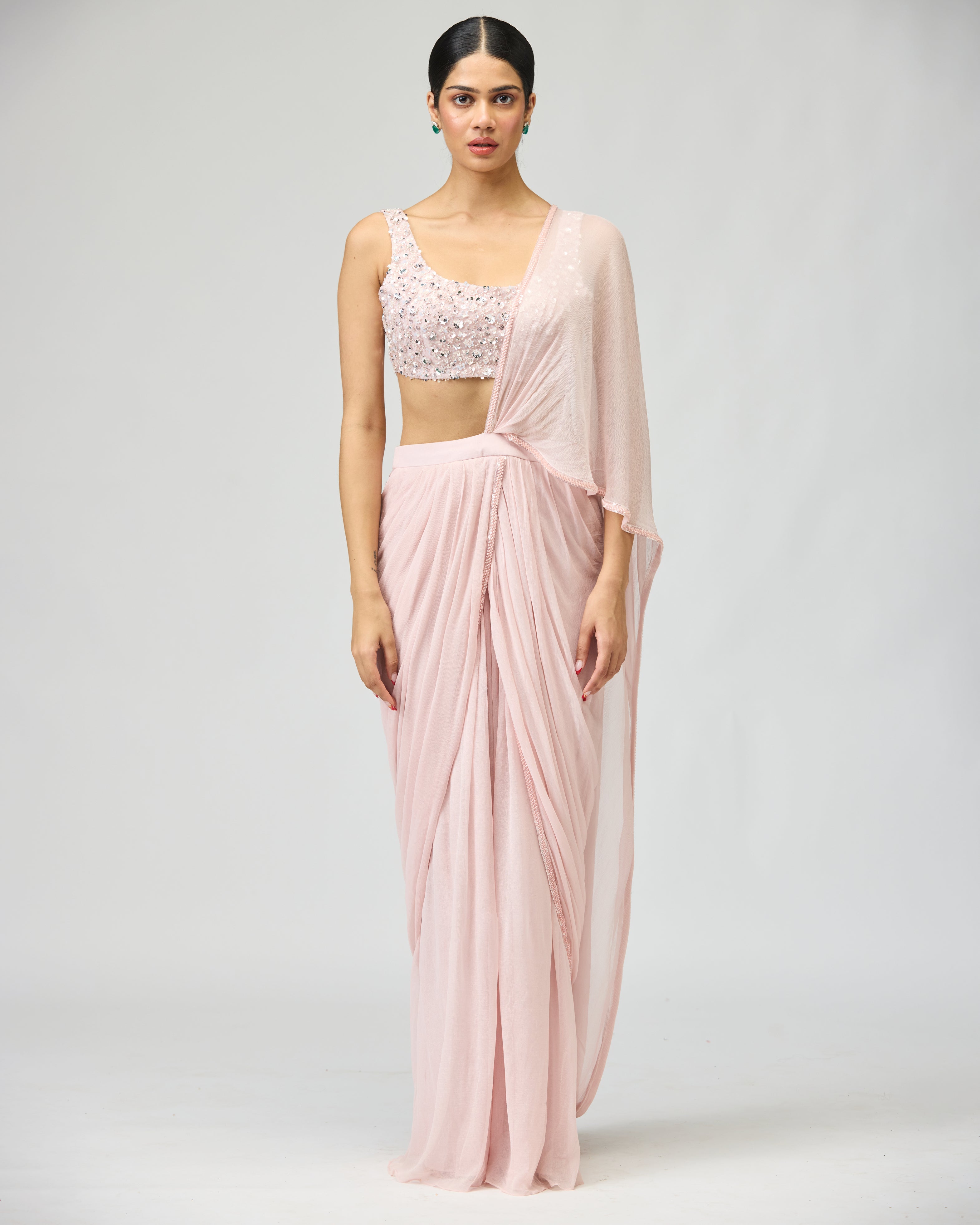 SILK CHIFFON LIGHT PINK SAREE SET