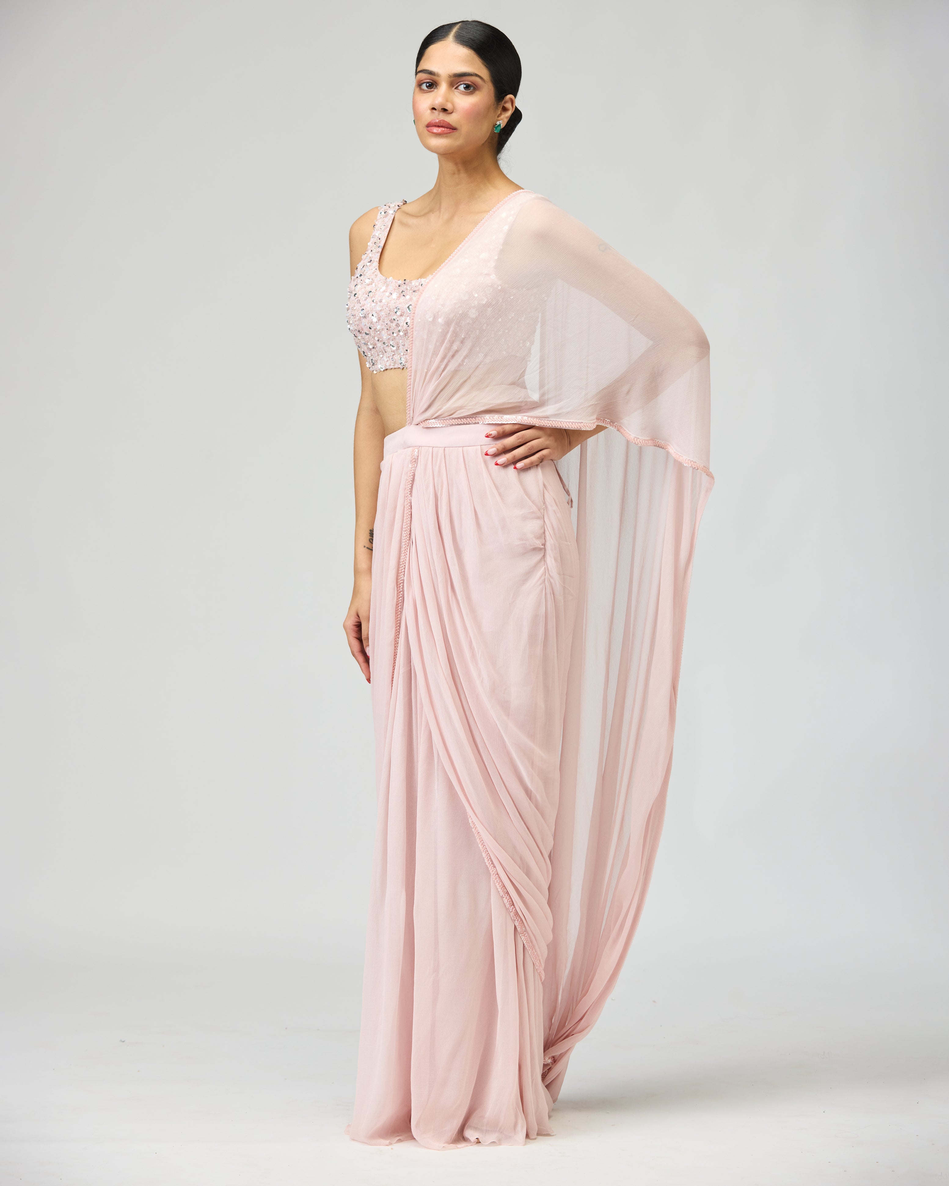 SILK CHIFFON LIGHT PINK SAREE SET