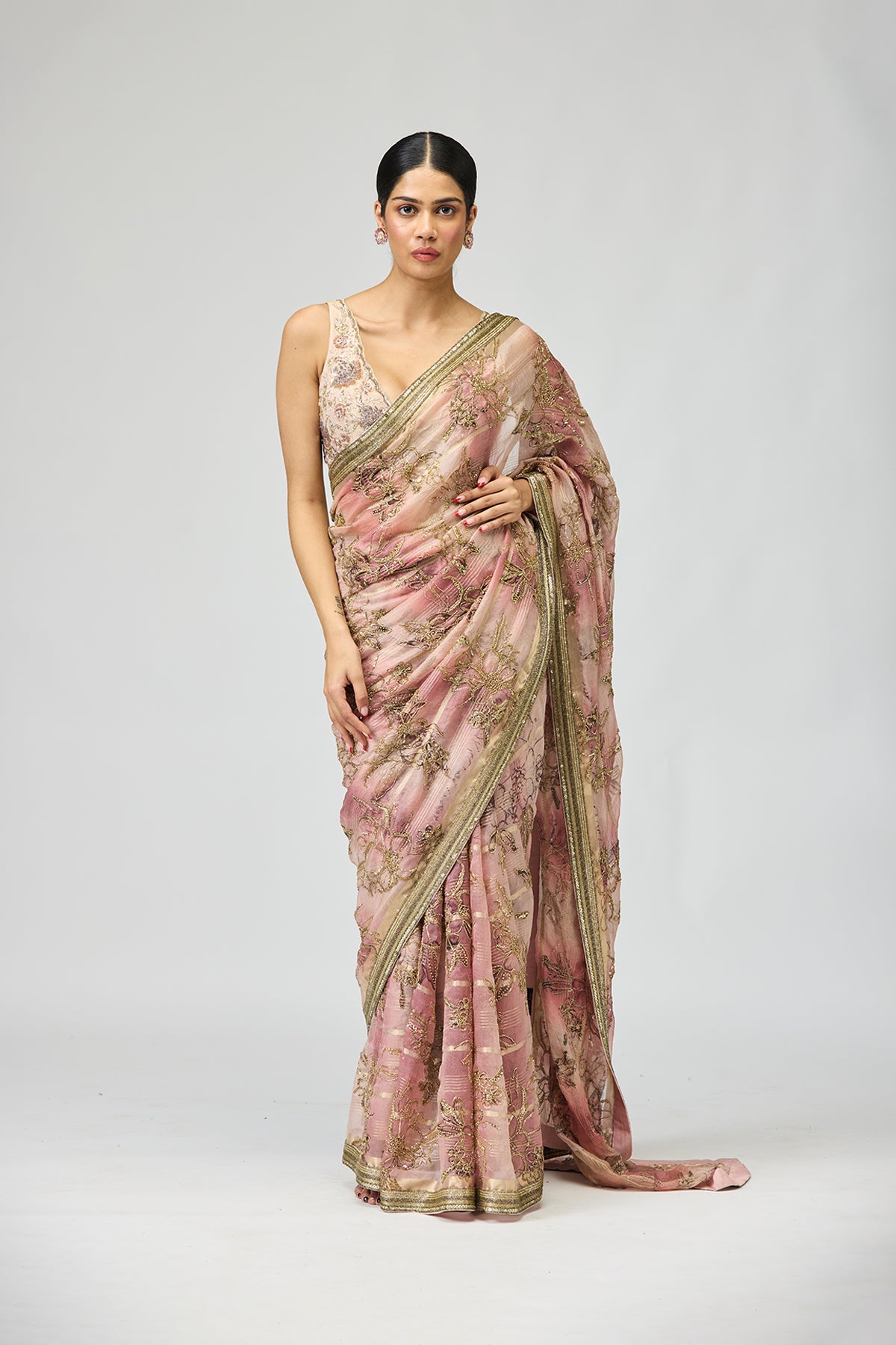 Floral Blush Embroidered Saree Set