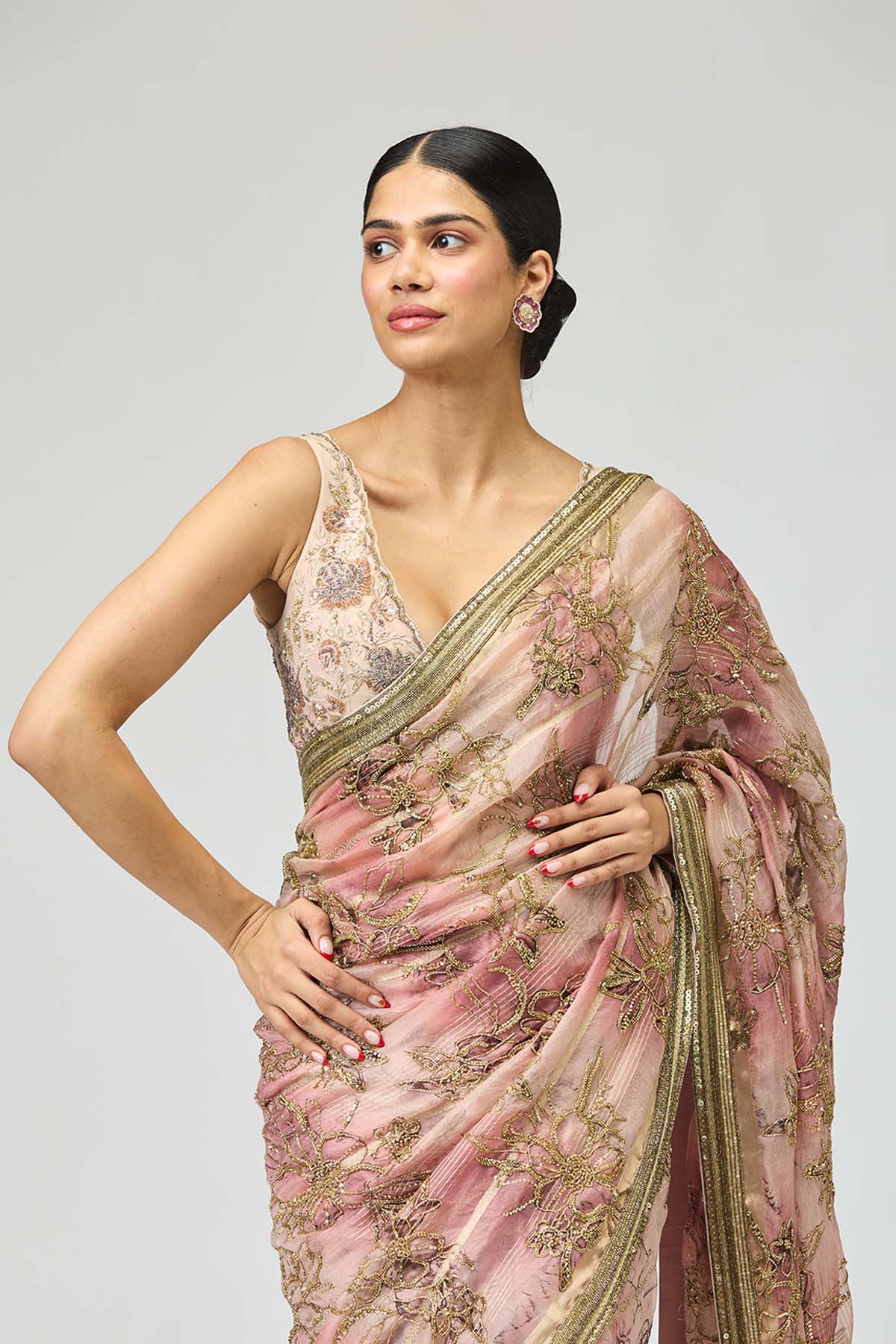 Floral Blush Embroidered Saree Set