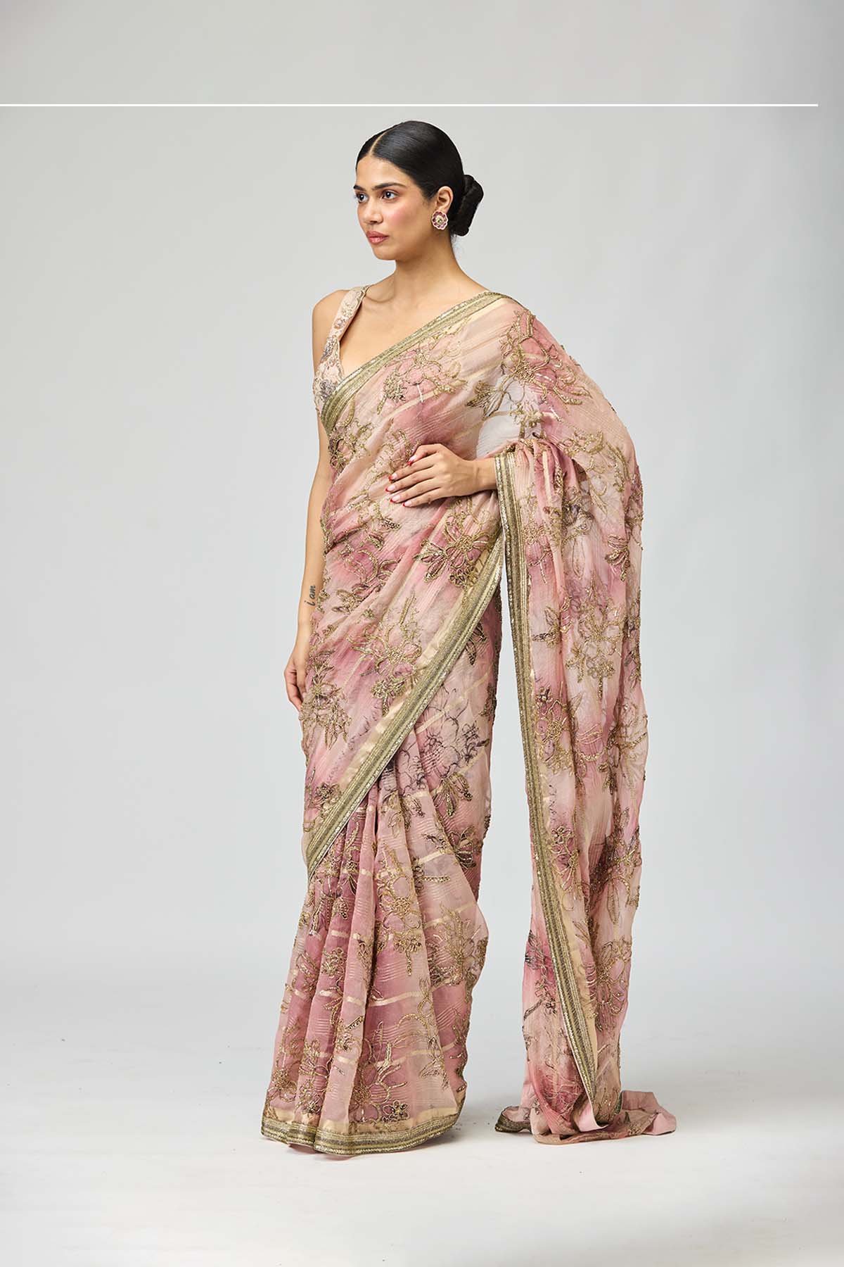 Floral Blush Embroidered Saree Set