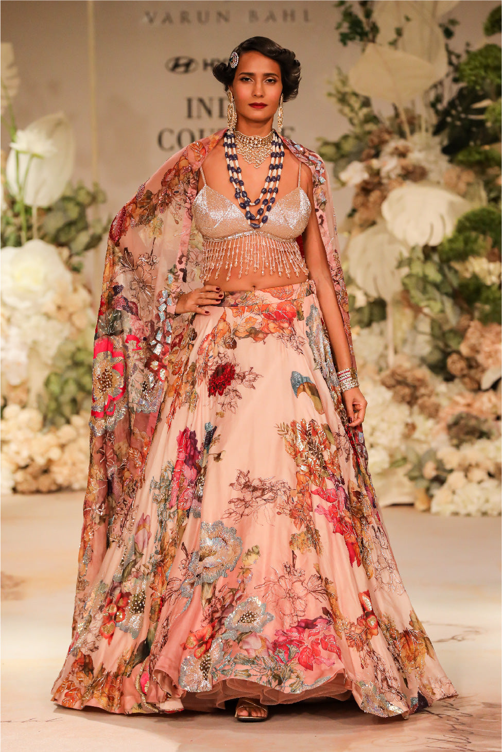Pink Printed Organza Floral Lehenga Set