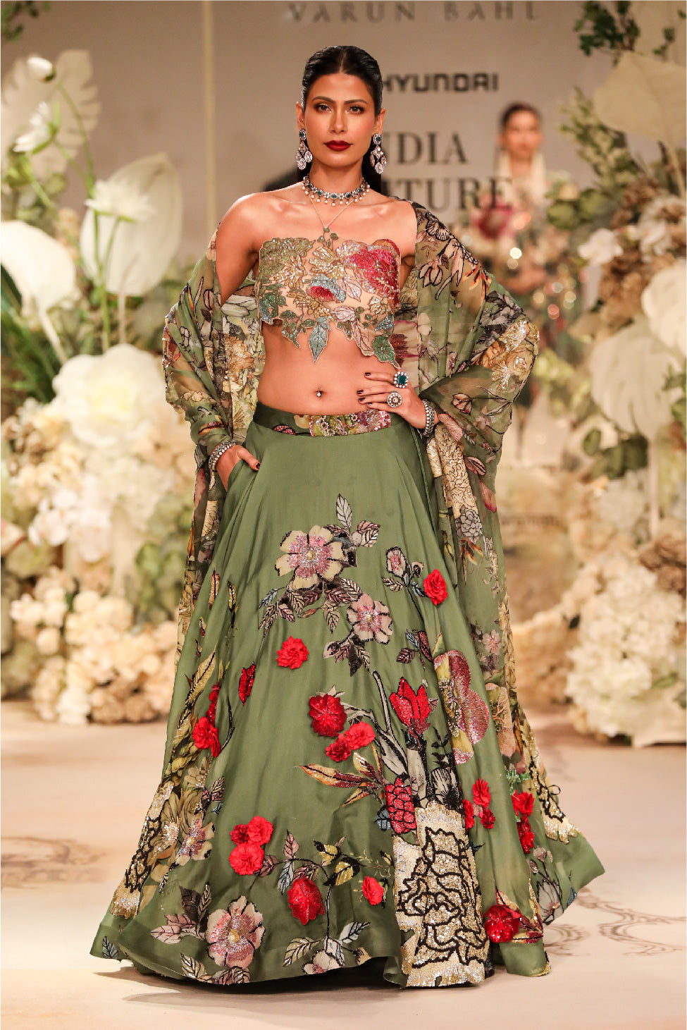 GREEN EMBELLISHED PRINTED LEHENGA SET