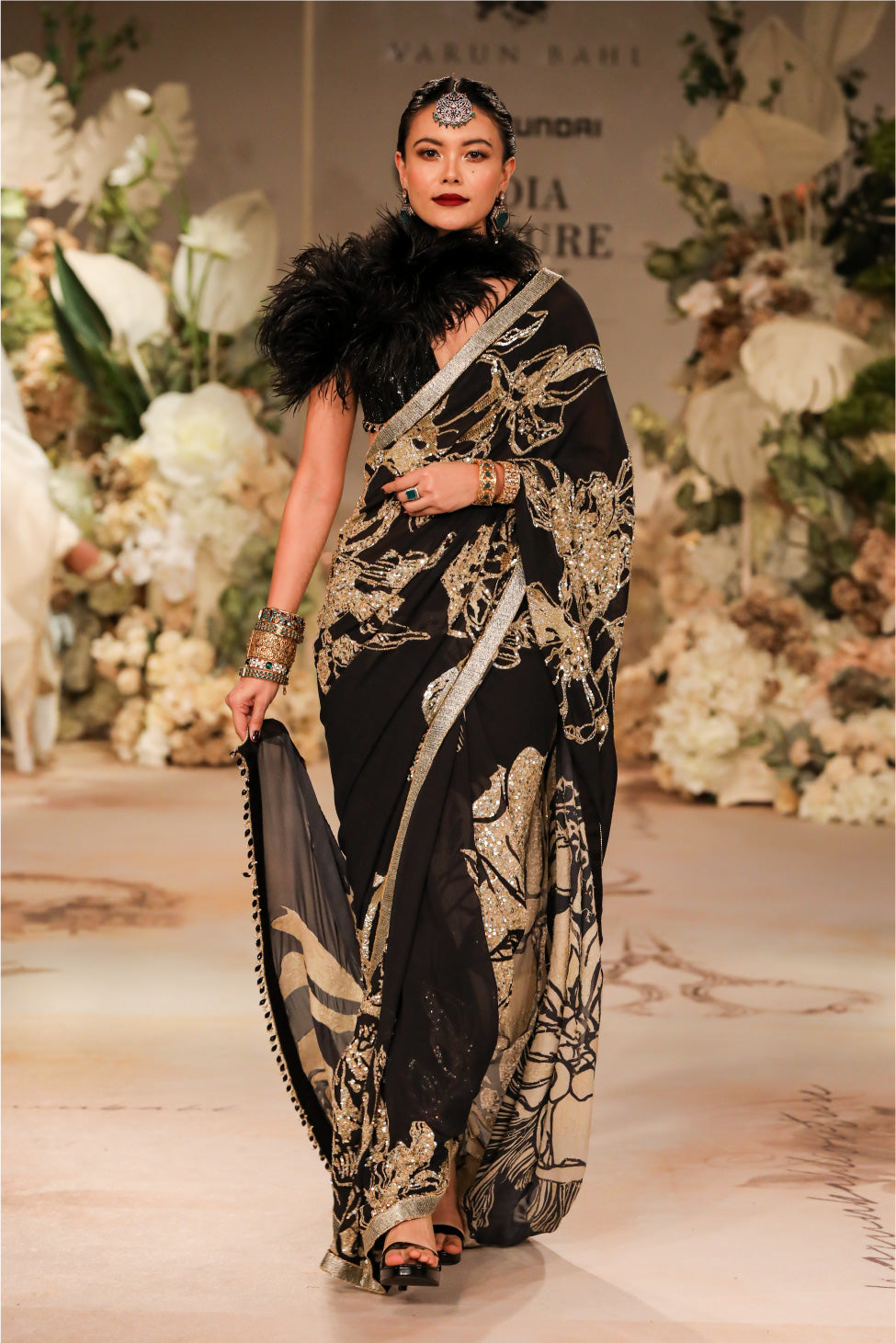 BLACK PRINTED SAREE WITH BEADED BLOUSE