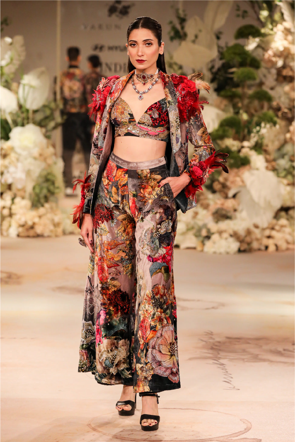 BLACK VELVET CORSAGE SUIT WITH BRALETTE & TROUSERS