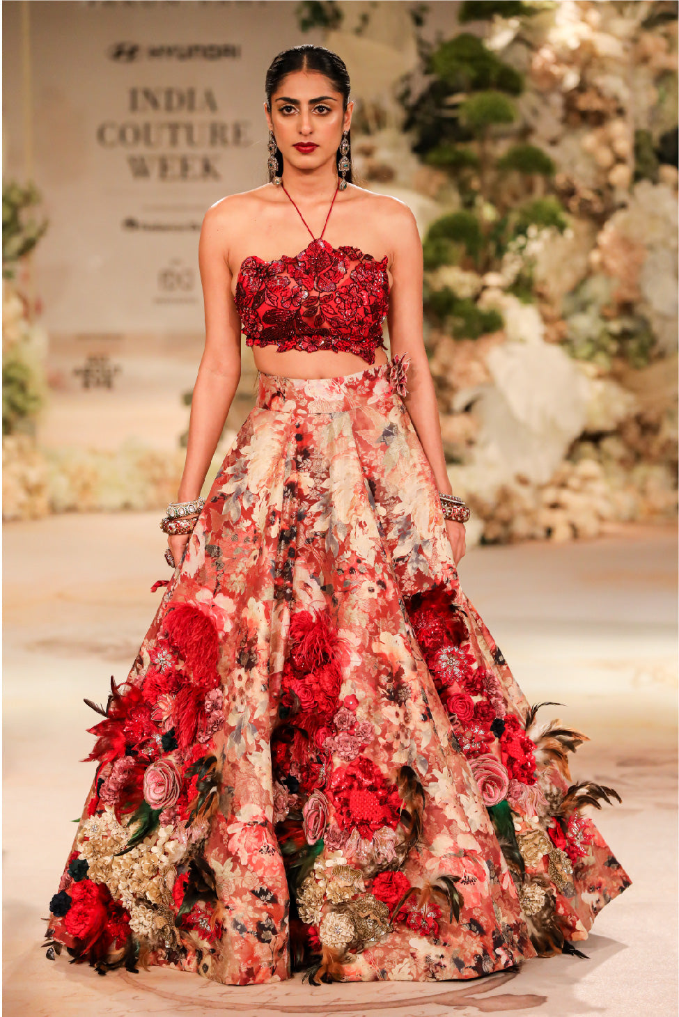 RED PRINTED CORSAGE LEHENGA SET