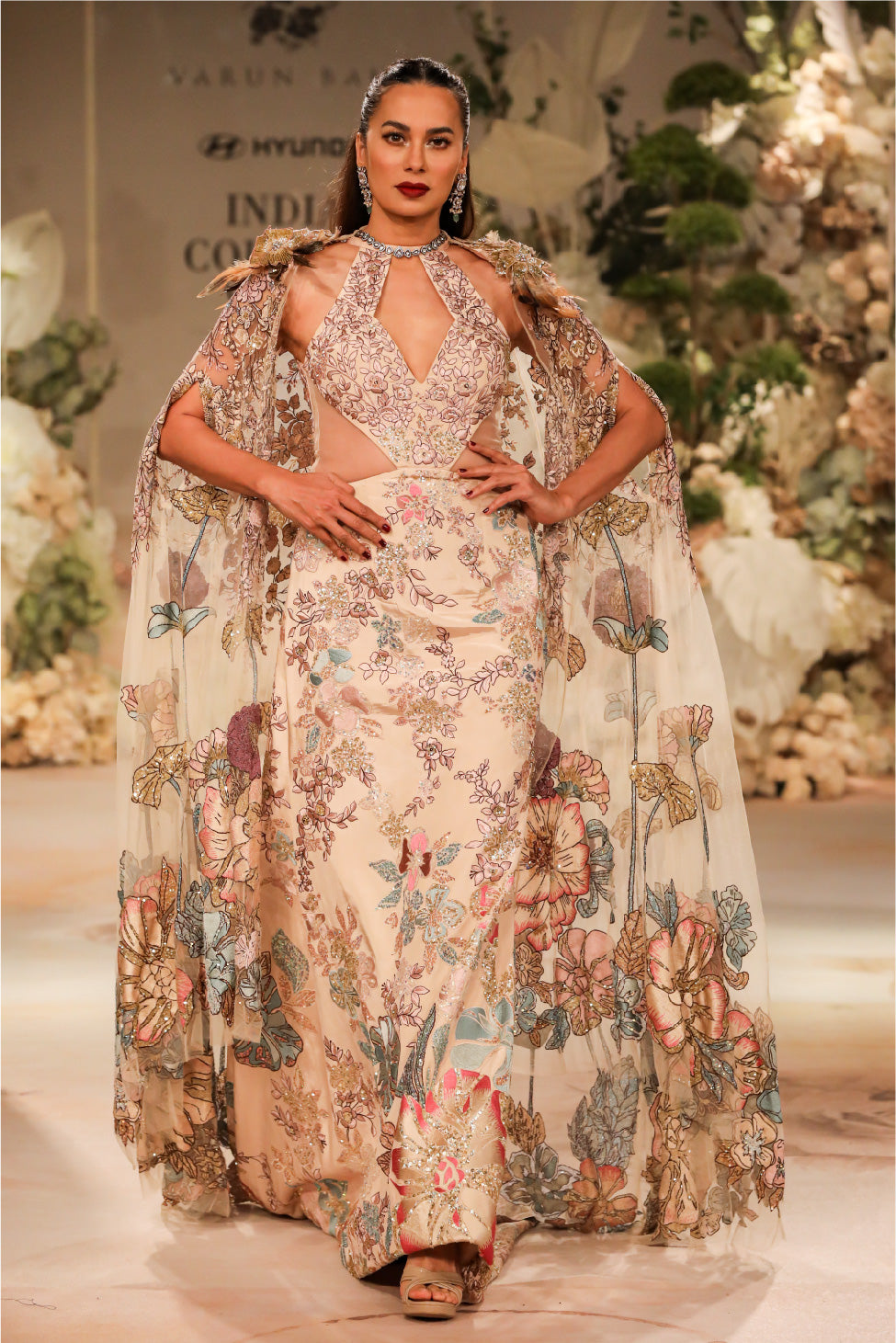 CHAMPAGNE GOLD GOWN WITH LONG CAPE