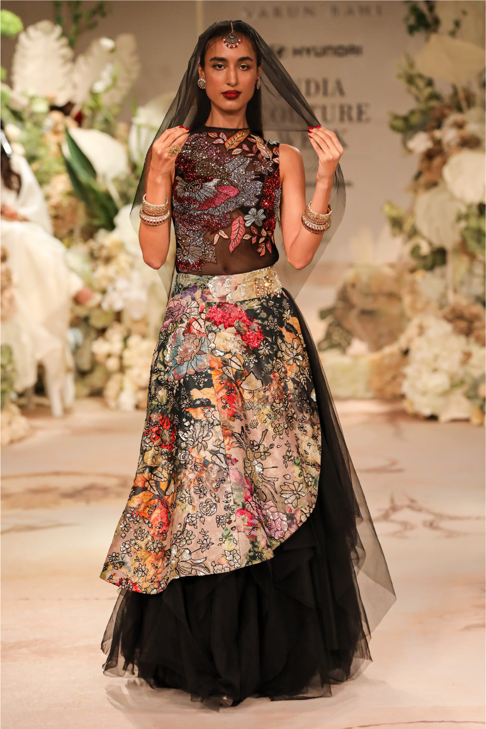 Black Printed Silk Brocade Lehenga Set