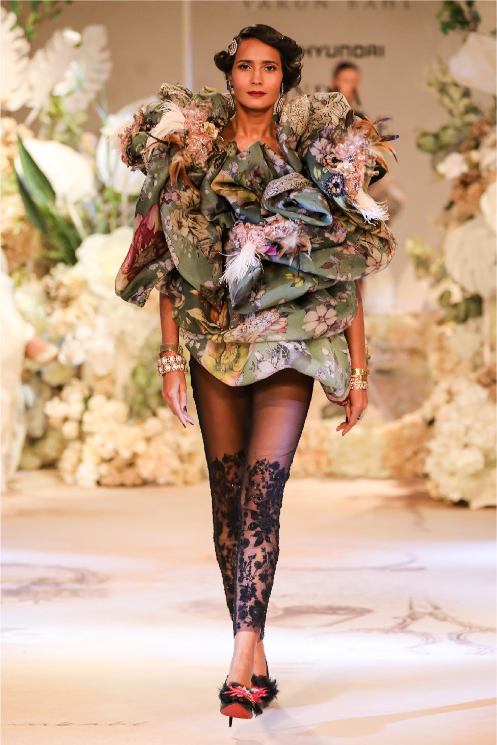 Round Neck Black Printed Petal Dress with Embellished Stockings