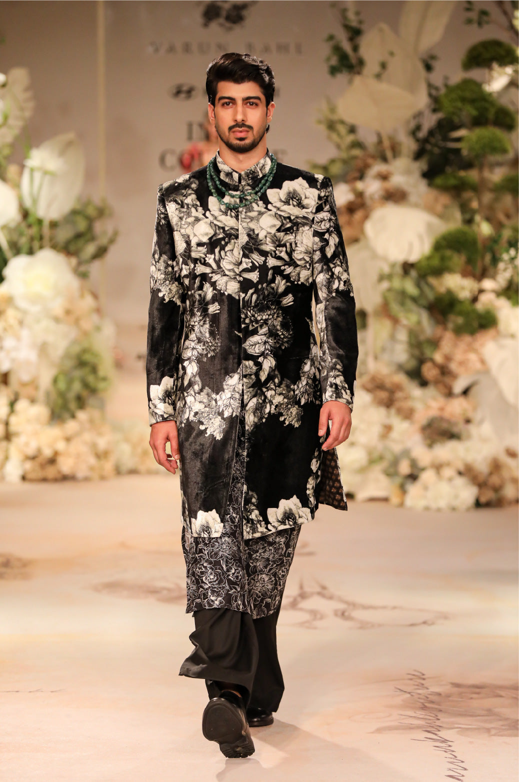 Black Printed Sherwani Set