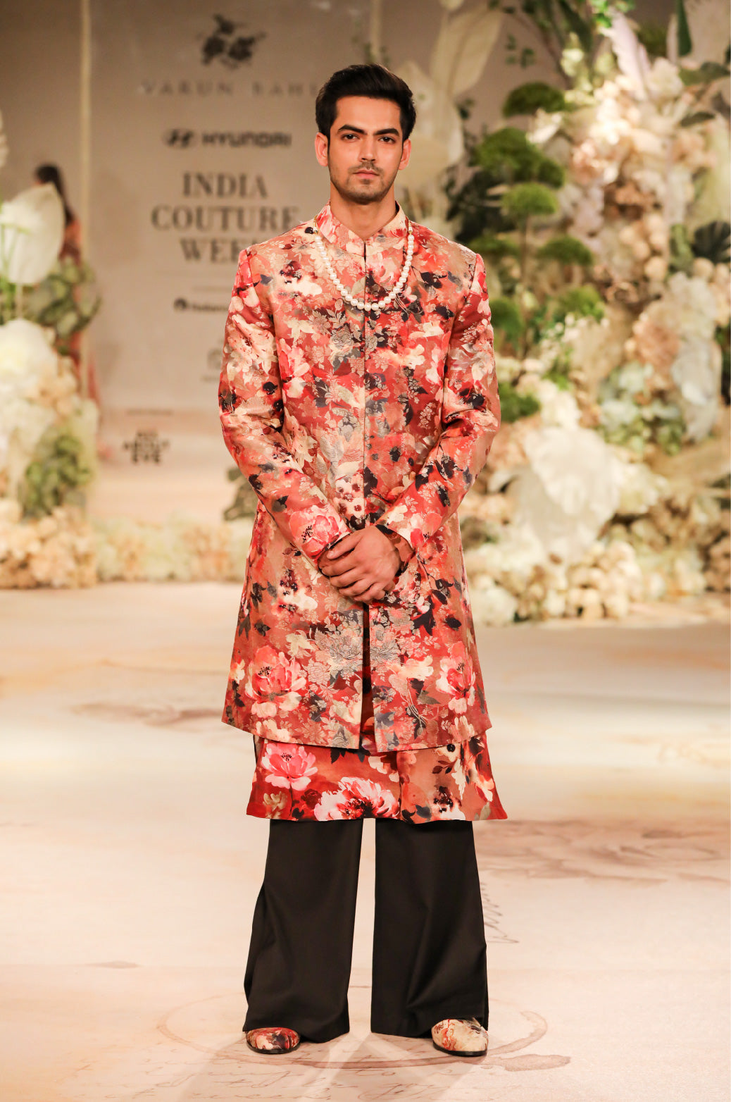 Red Printed Brocade Sherwani Set