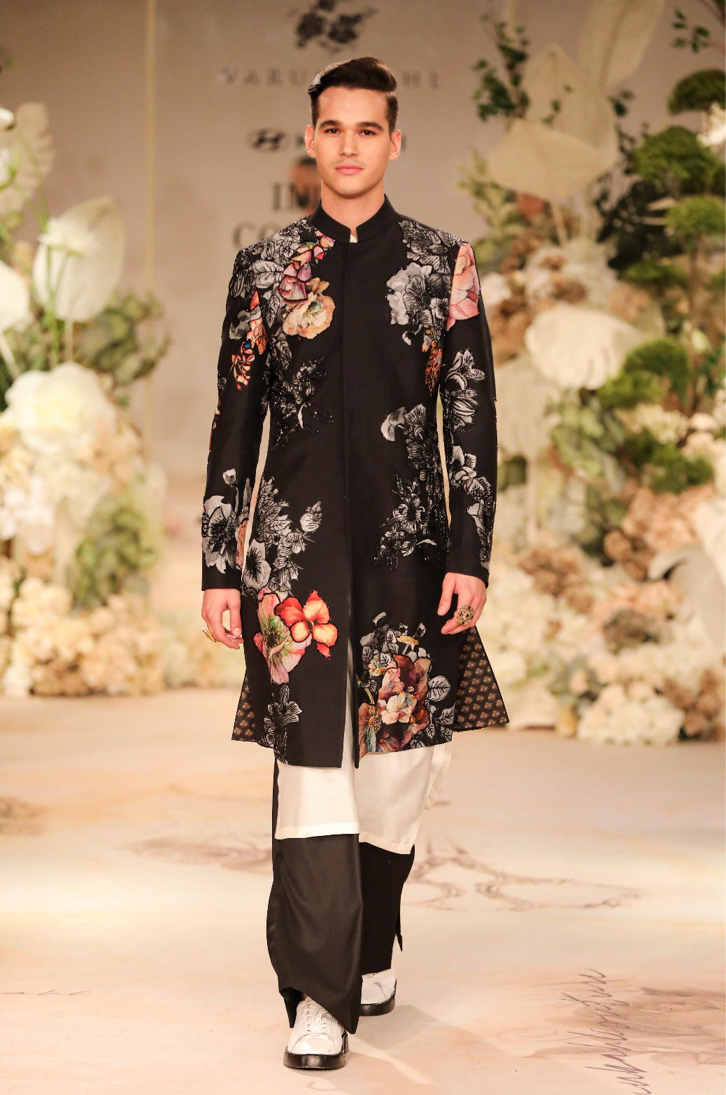 Black Printed Sherwani Set