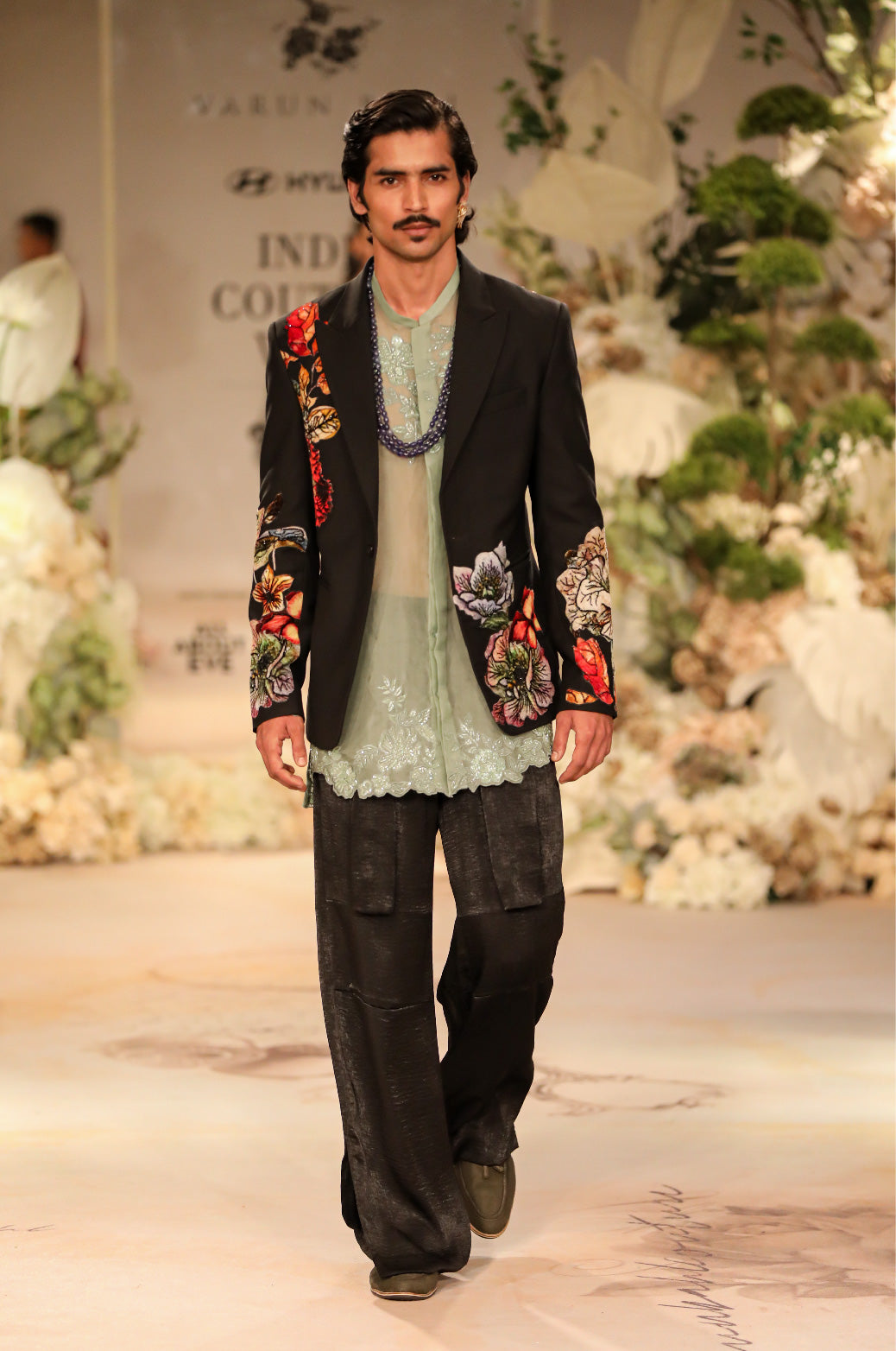 Black Applique Jacket Set With Sage Green Shirt Varun Bahl