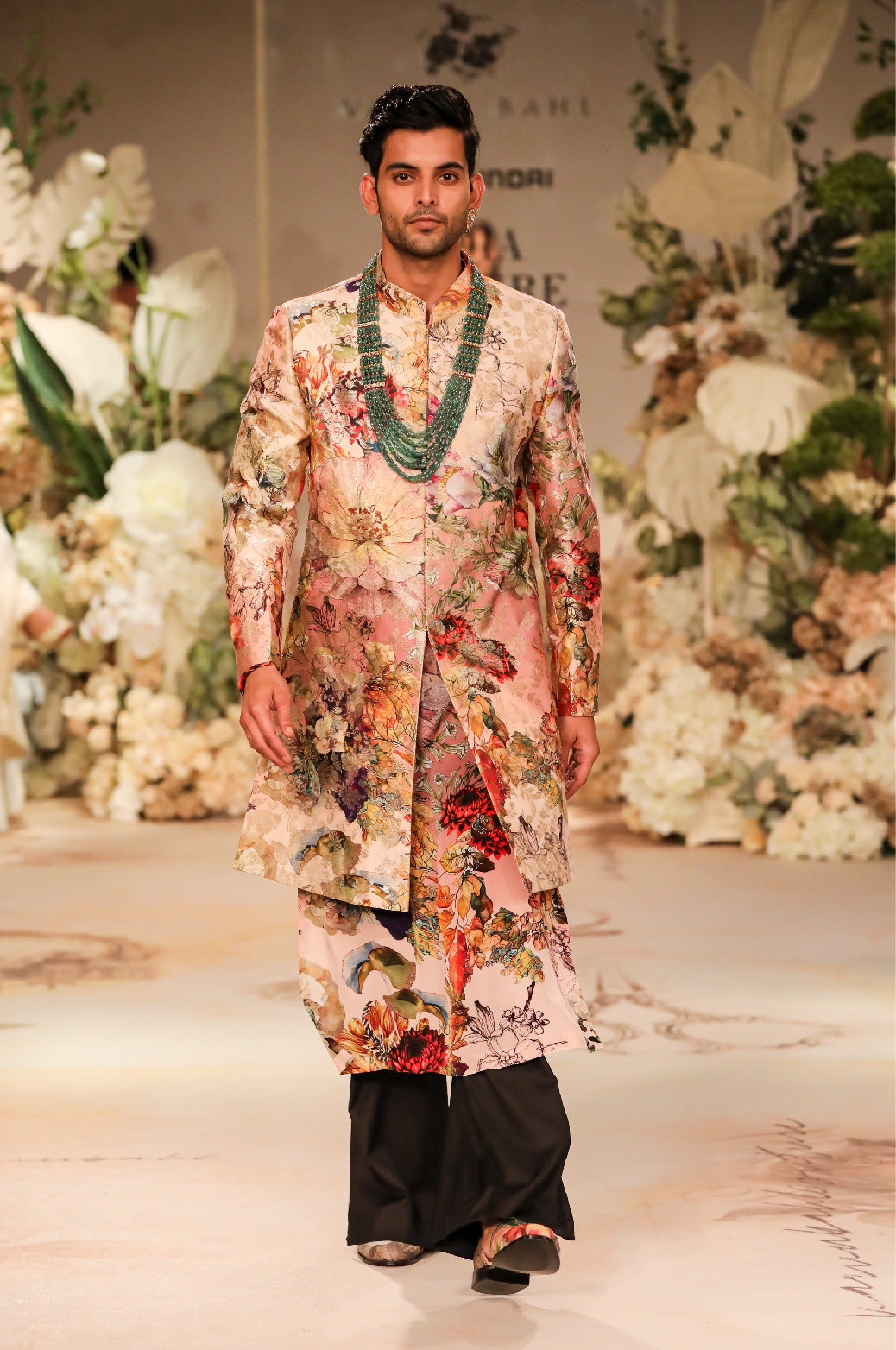 Pink Printed Brocade Sherwani Set