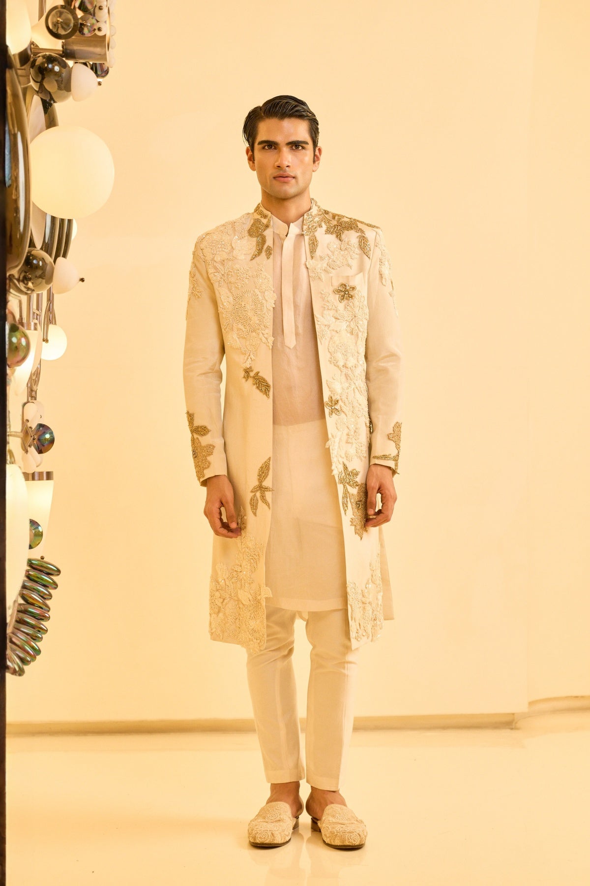 Beige Open Sherwani SET
