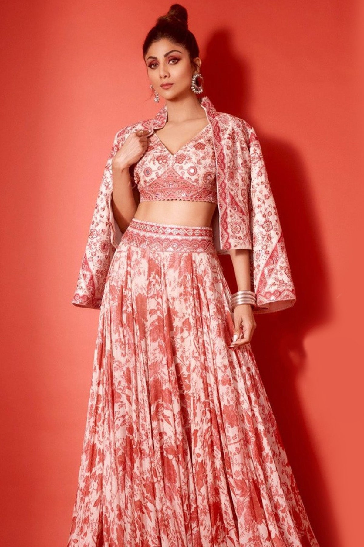 Blush Pink Floral Embroidered Jacket Paired With Bralette And Skirt