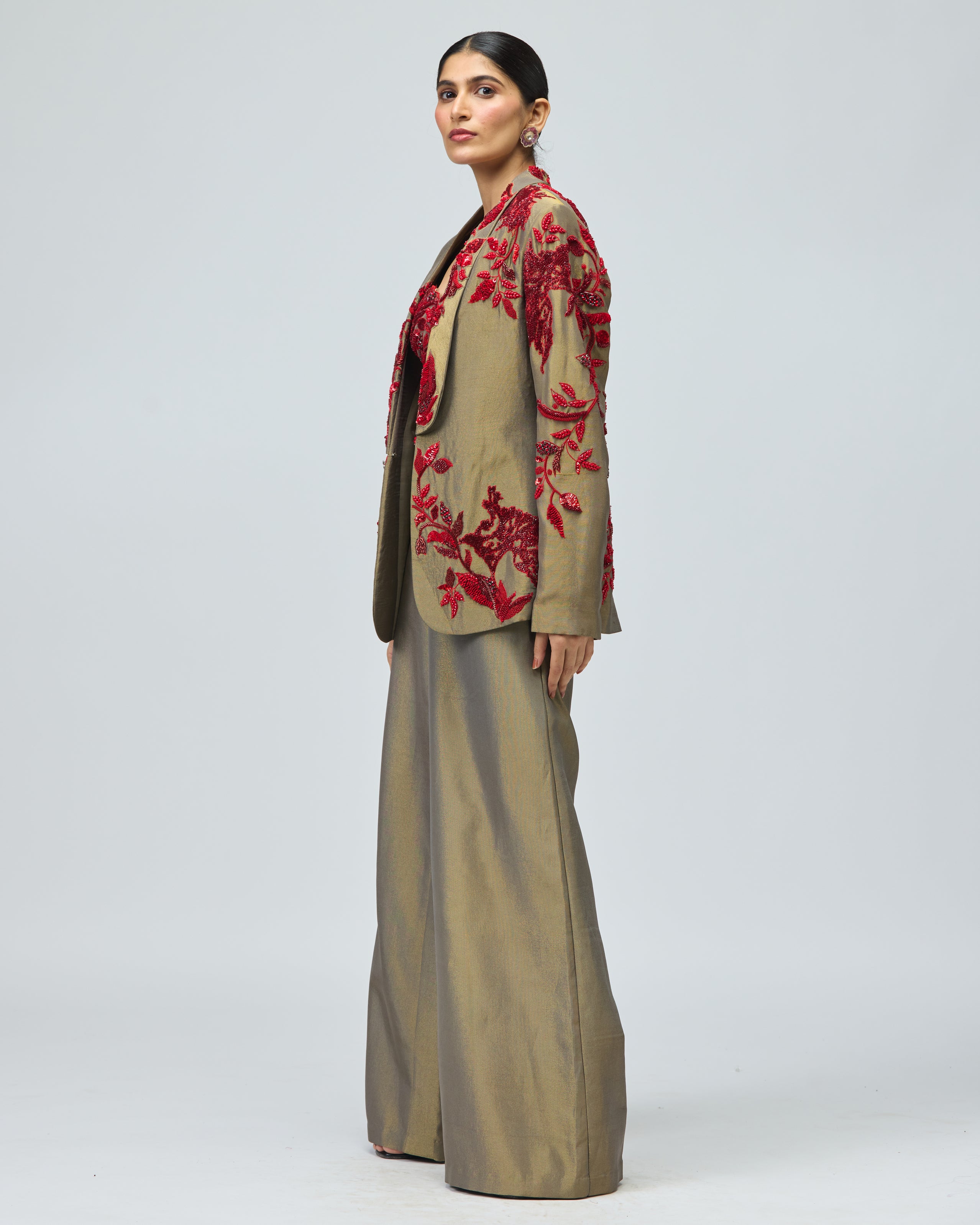 RED STONE EMBELLISHED JACKET SET