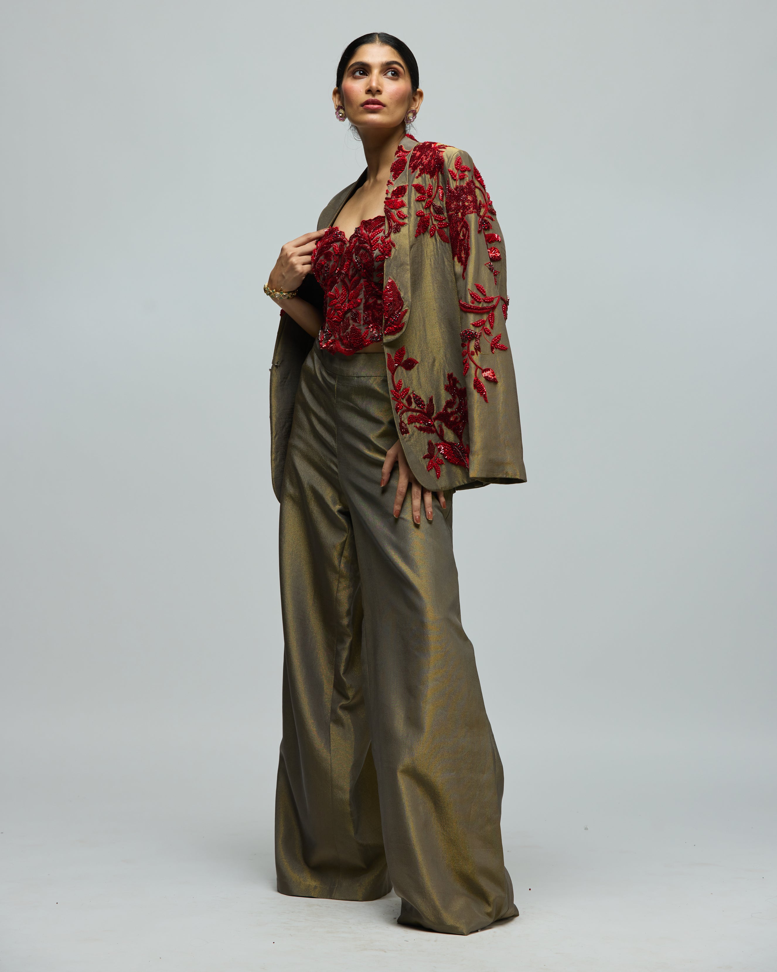 RED STONE EMBELLISHED JACKET SET