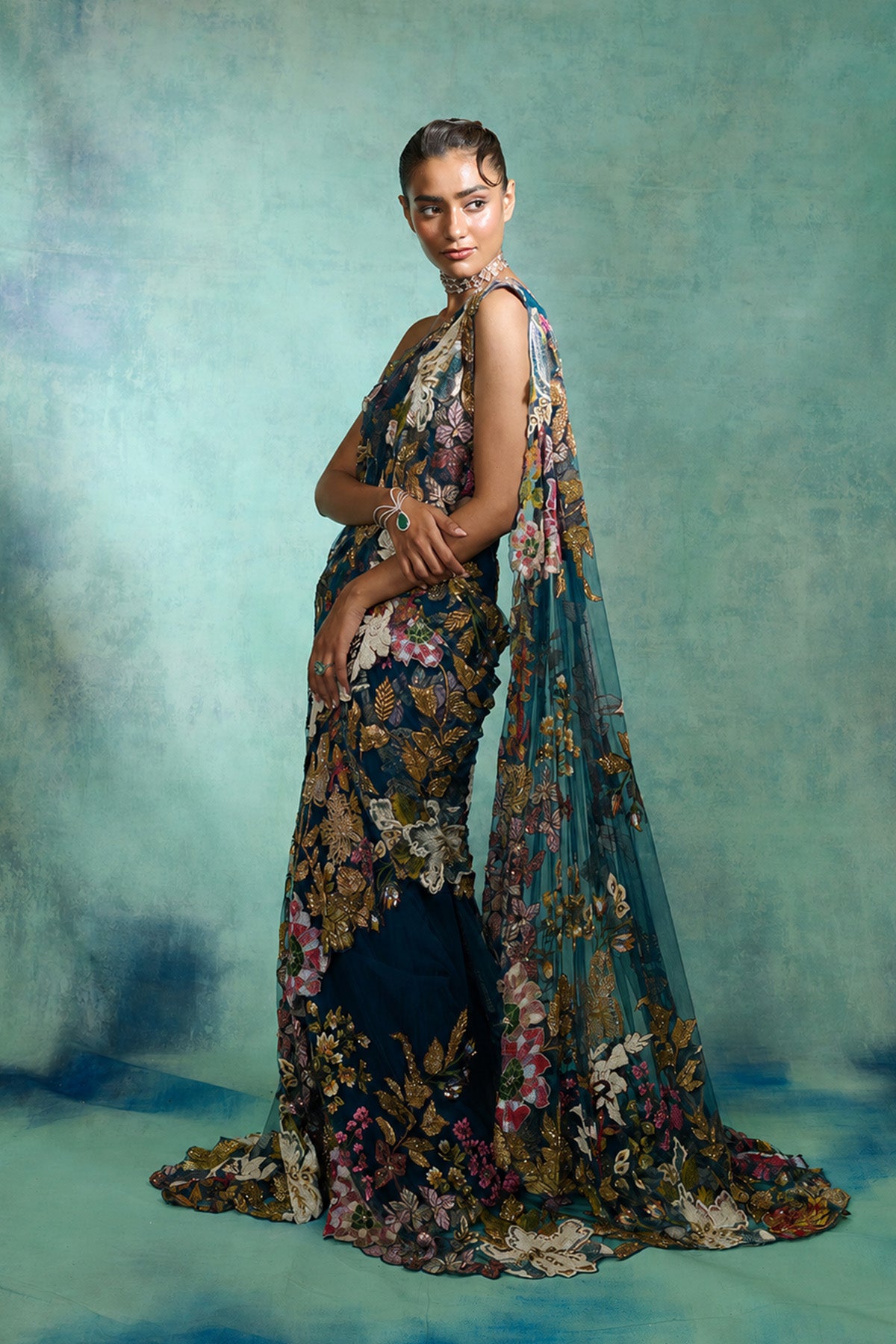 Ethereal Bloom Navy Blue Trail Saree