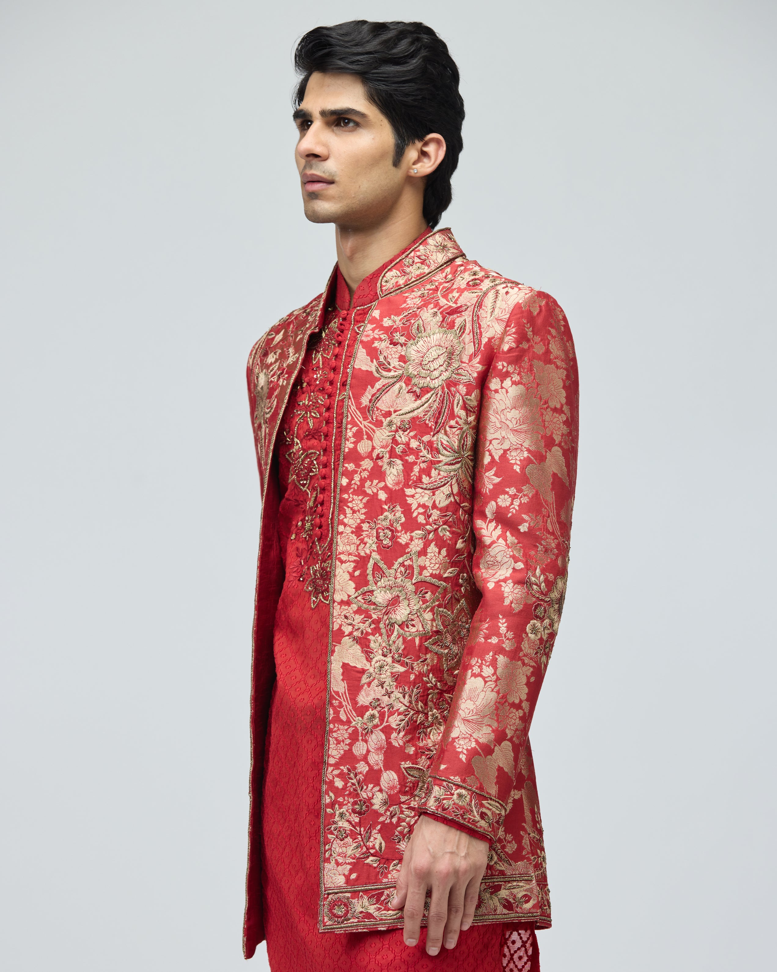 RED BROCADE SHERWANI SET