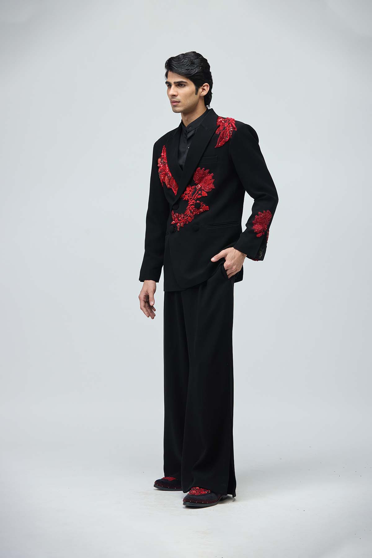 Black Crimson Embellished Tuxedo Set