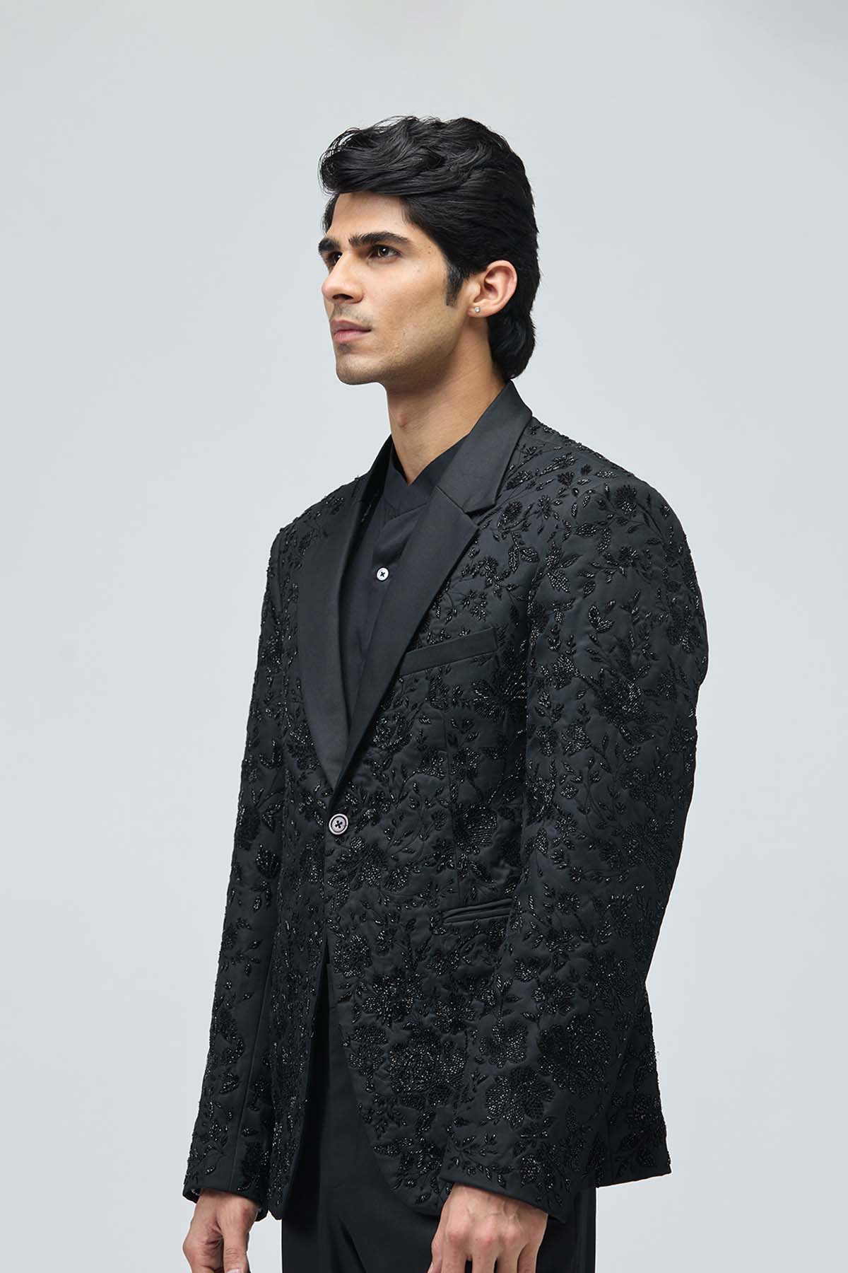 Black Floral Embellished Tuxedo Set