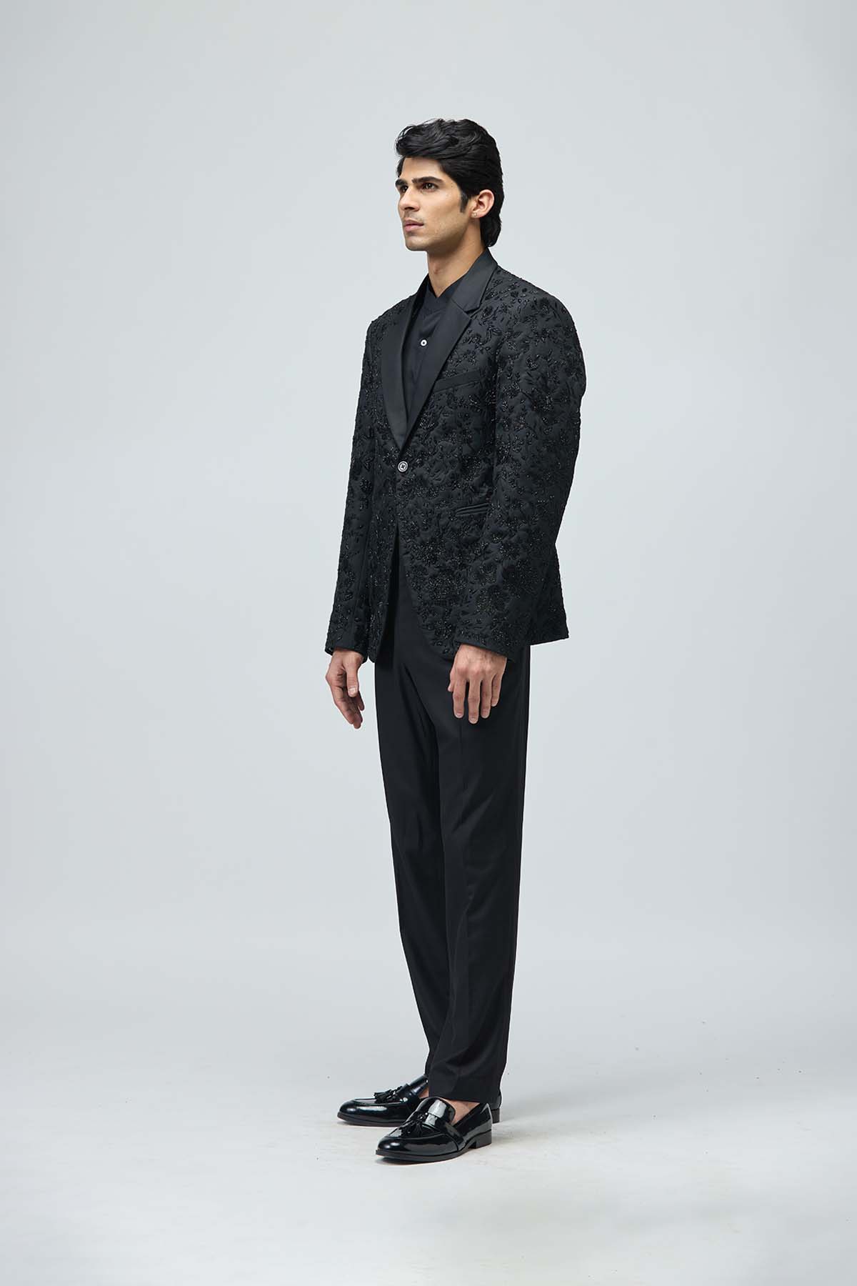 Black Floral Embellished Tuxedo Set